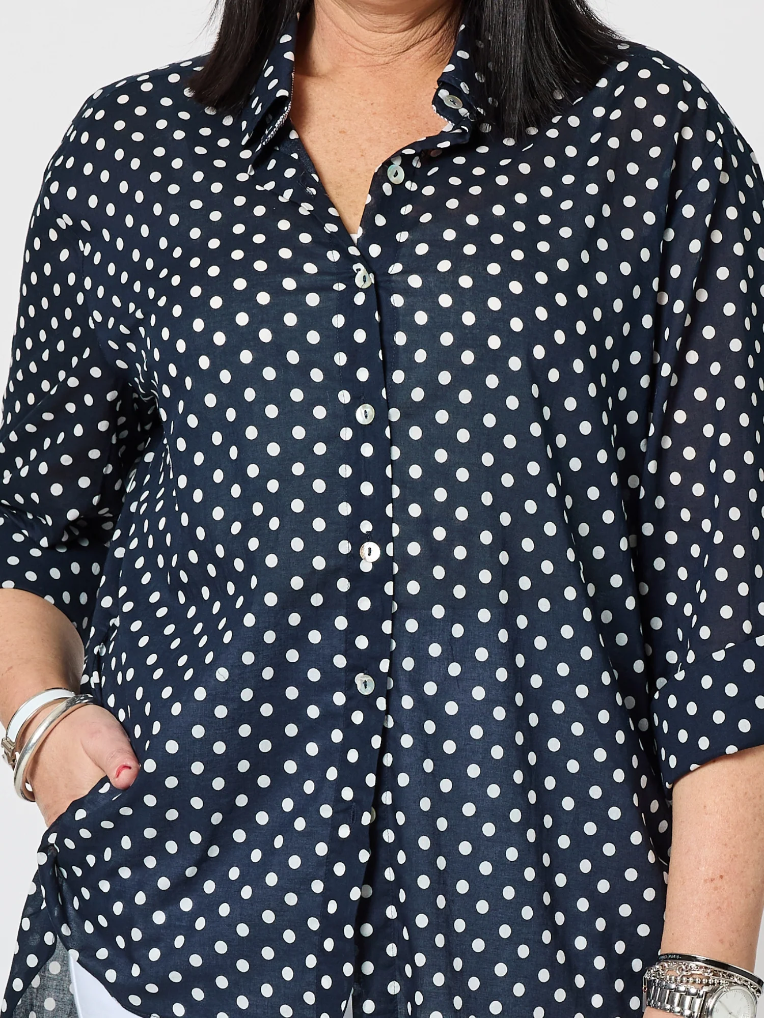 Get Spotty Print Sheer Shirt - Navy/White