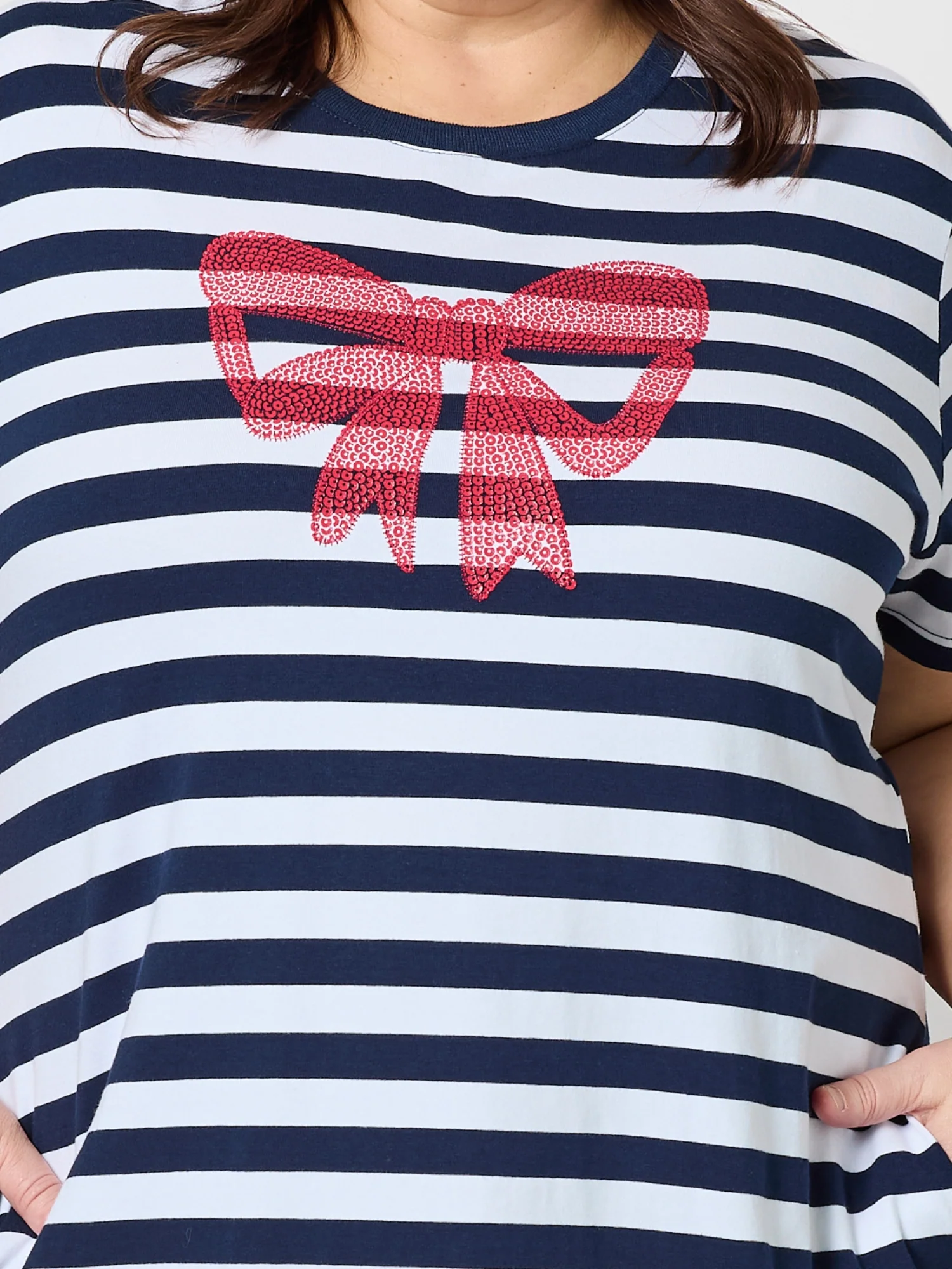 Red Bow Stripe Print Dress - Navy/White