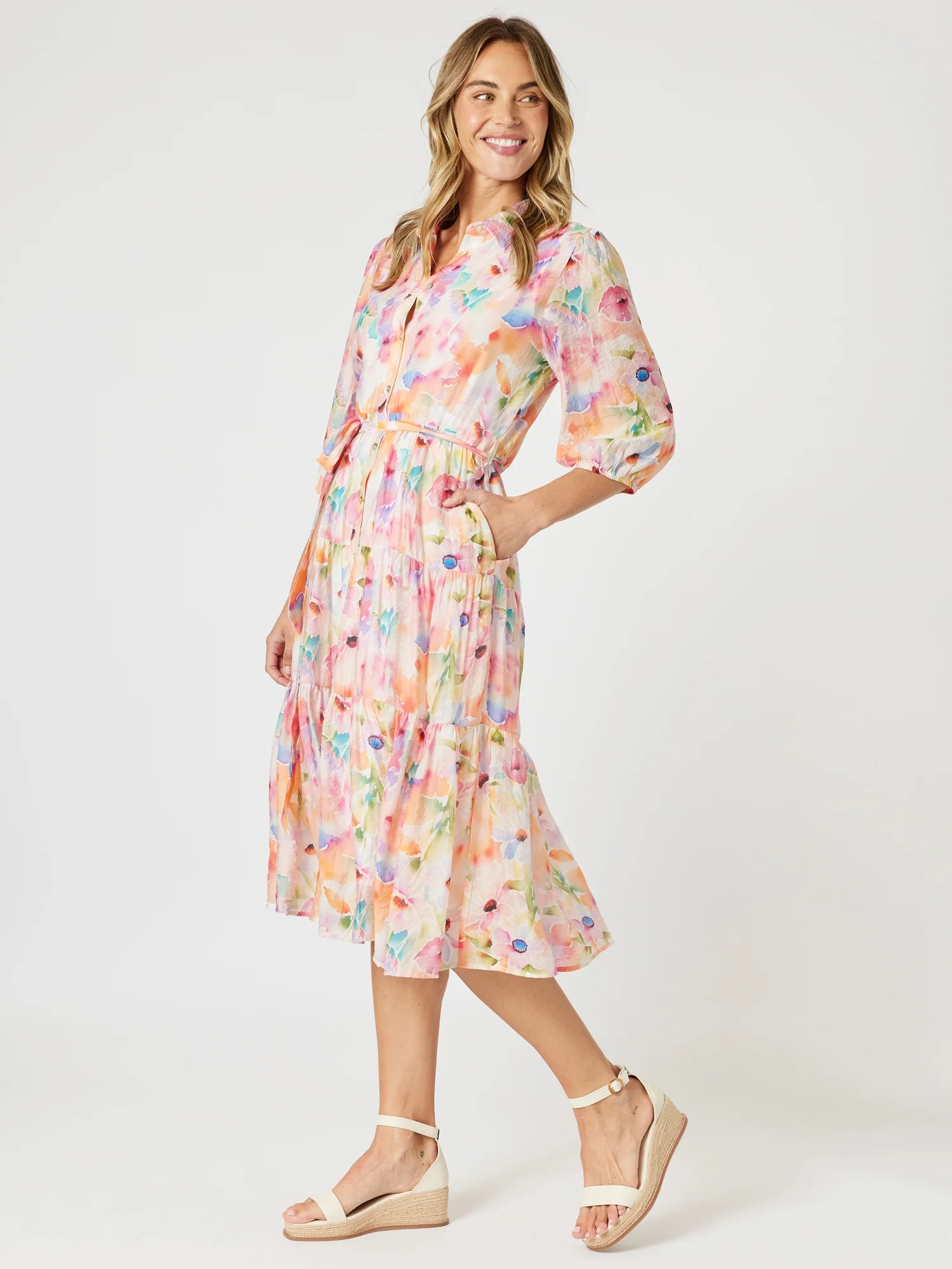 Spring Floral Print Shirt Dress - Multi