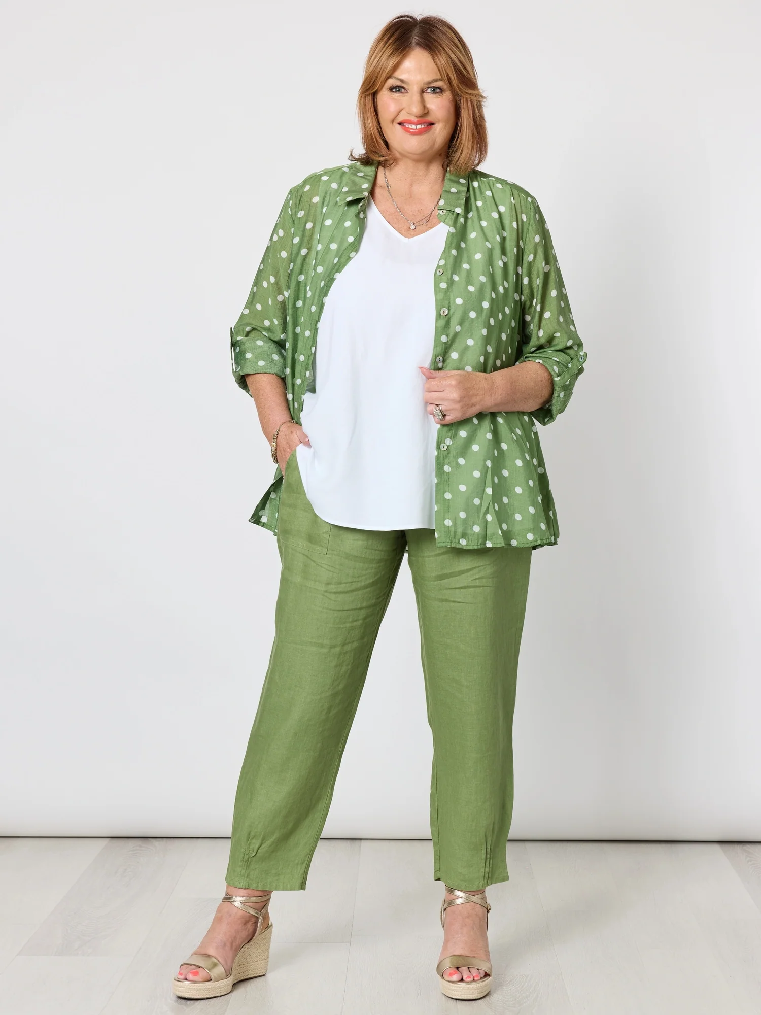 Basil Spot Print Sheer Shirt - Basil White