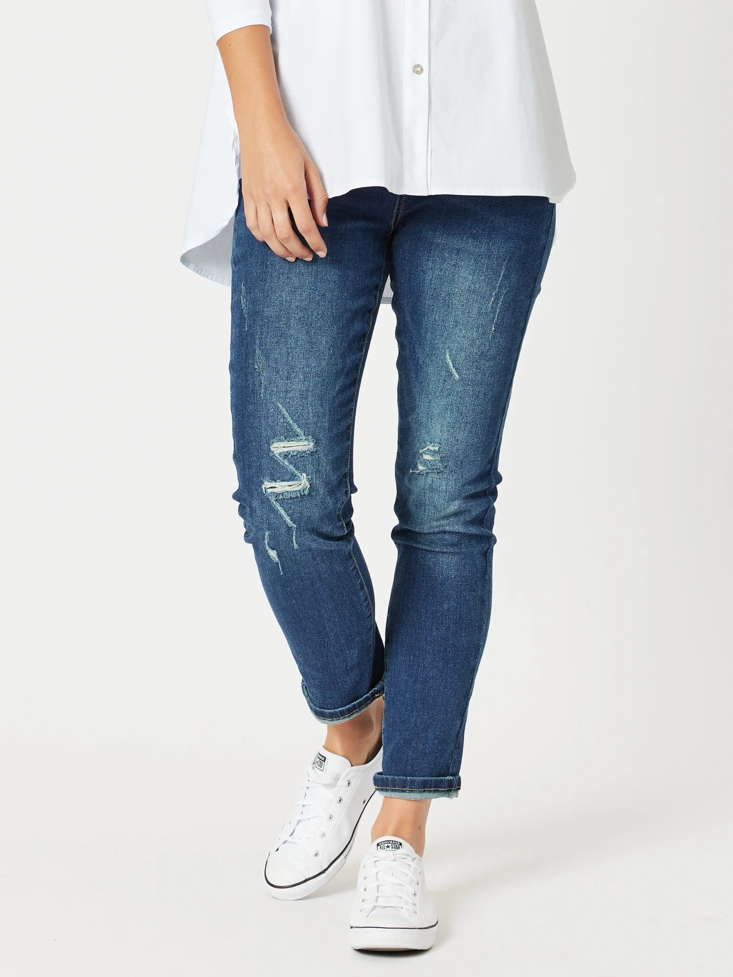 LA Distressed Pull On Stretch Denim Jean - Dark Denim