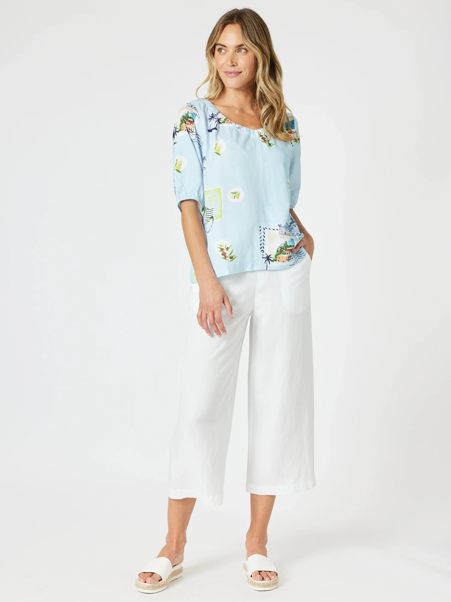 Destination Print Top - Pale Blue