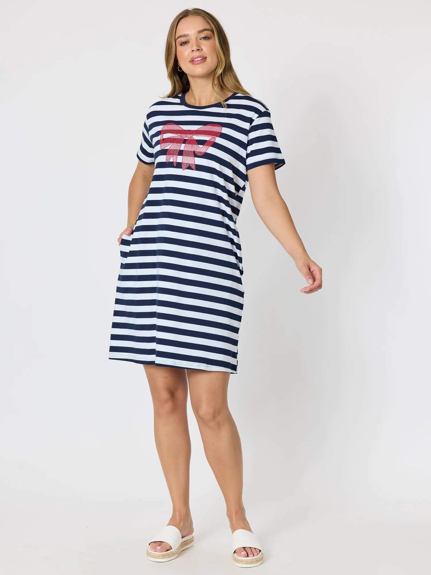 Red Bow Stripe Print Dress - Navy/White