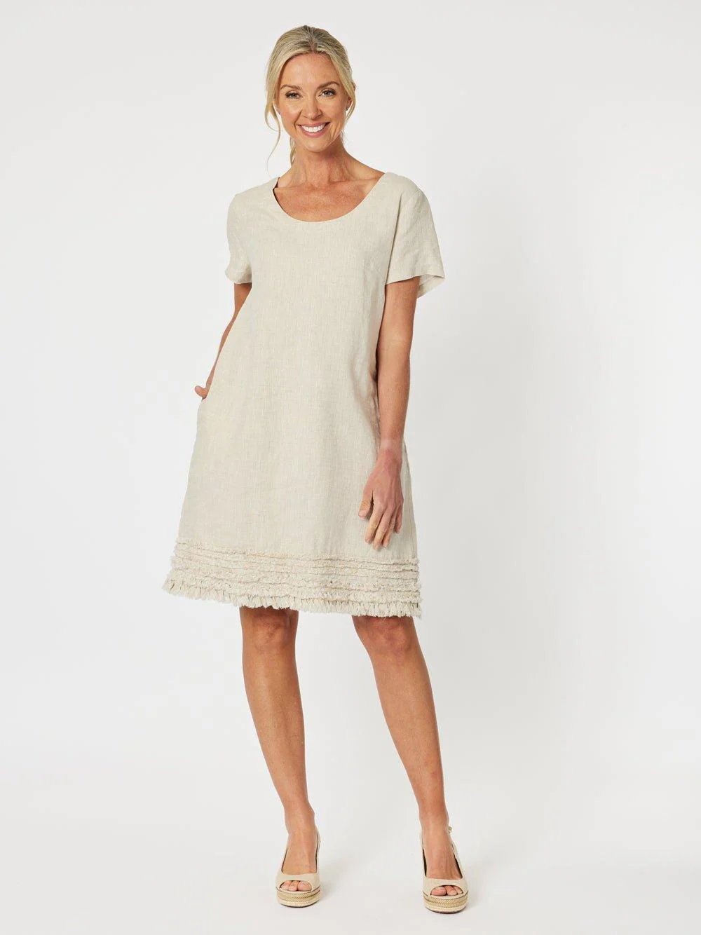 Ruffle Hem Scoop Neck Linen Dress - Natural