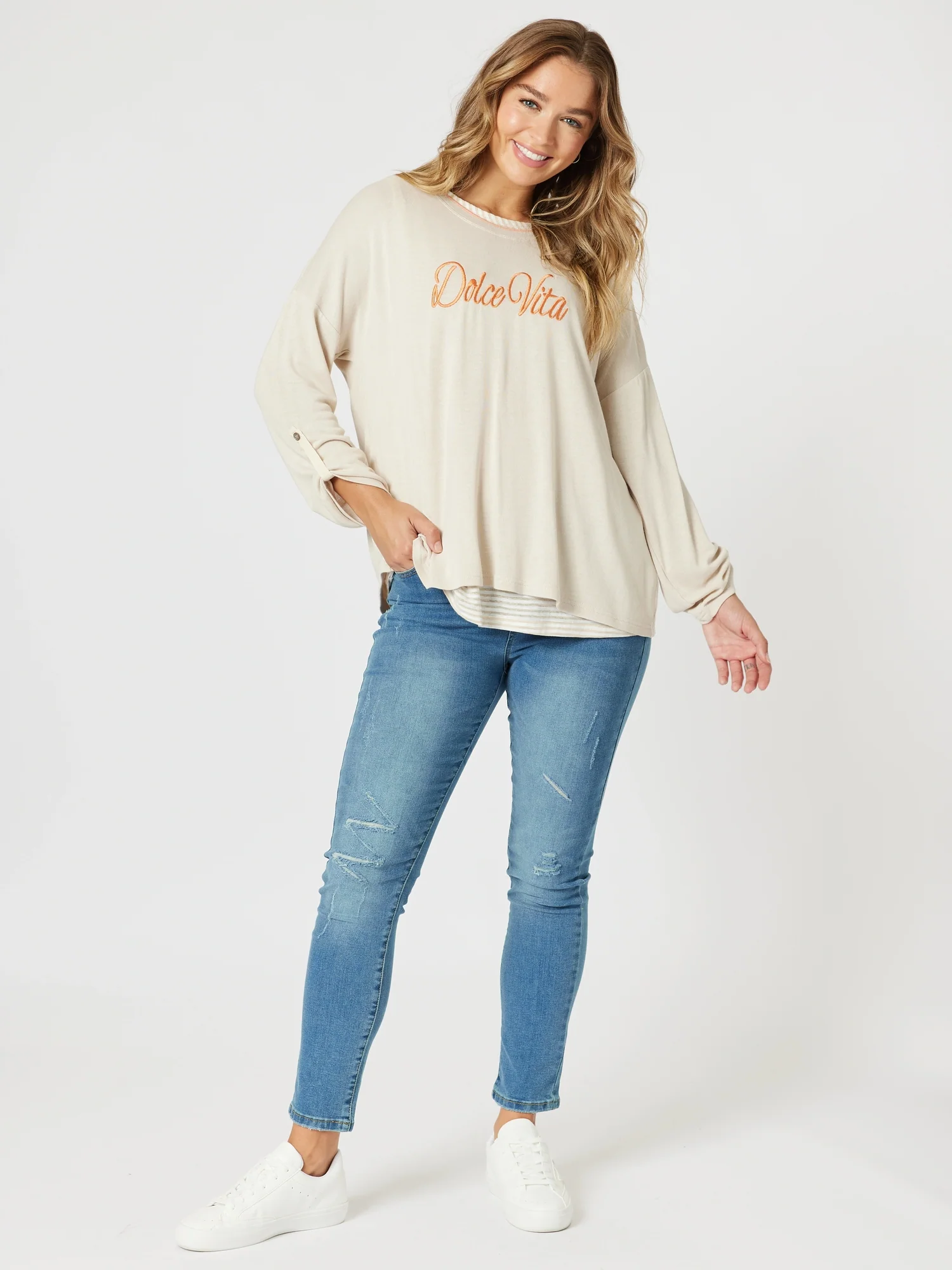 Dolce Vita Embroidered 2 in 1 Top - Natural