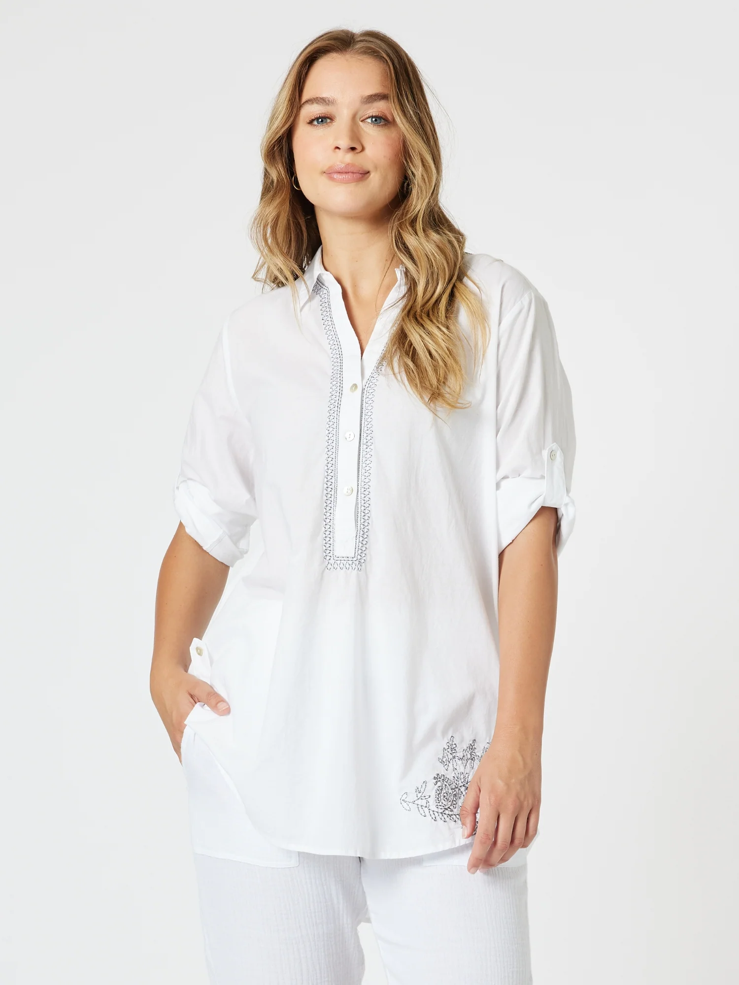 Bella Embroidered Top - White/Blue