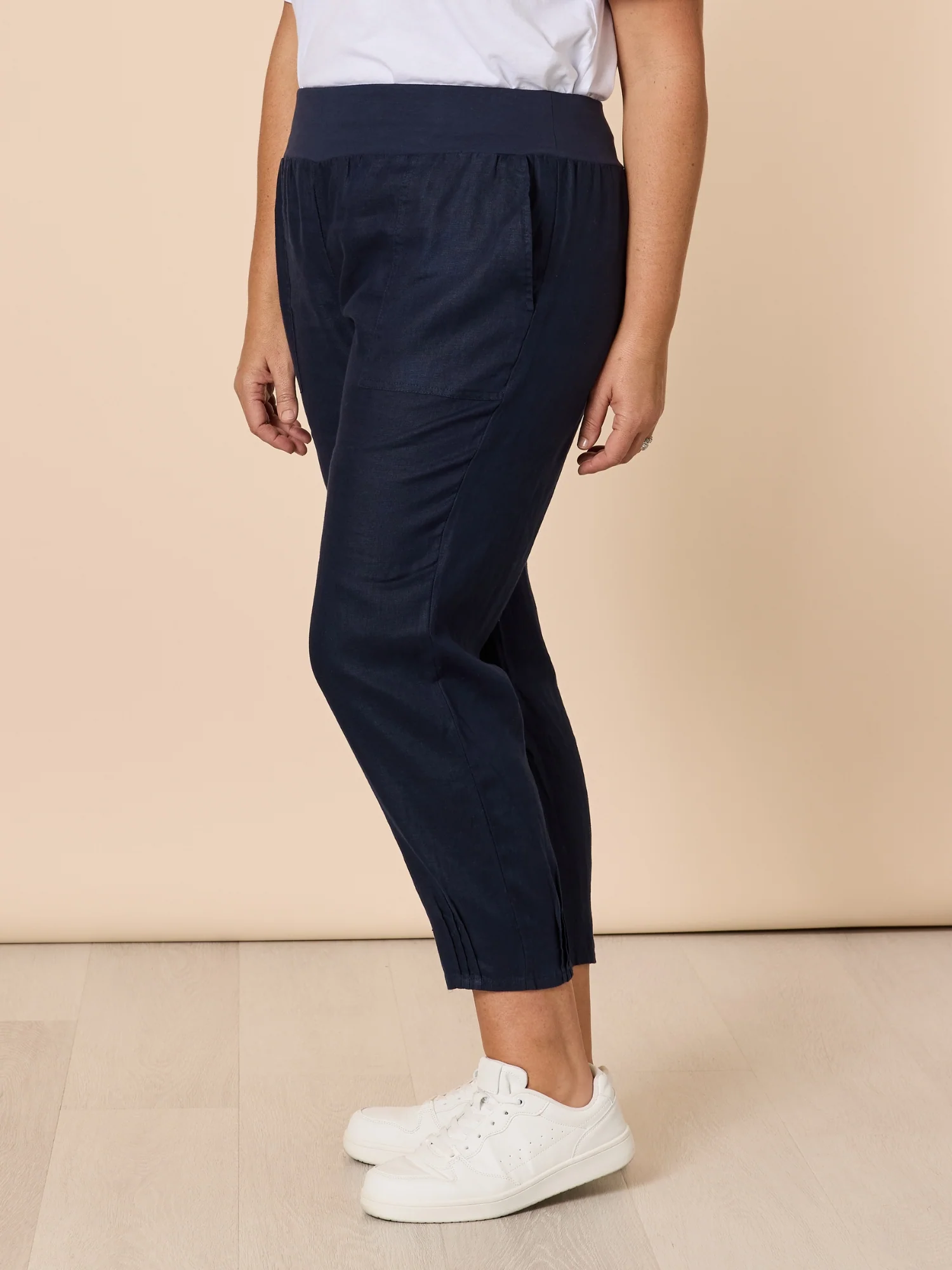 Sarah Linen Pleat Hem Pant - Navy