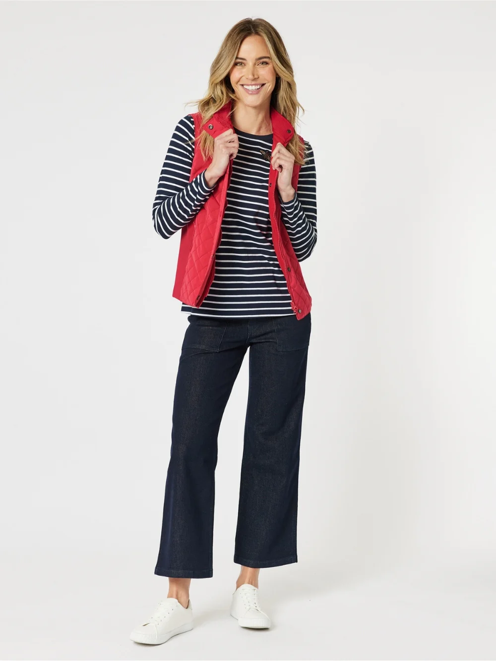 Badge Detail Stripe Long Sleeve Tee - Navy/White