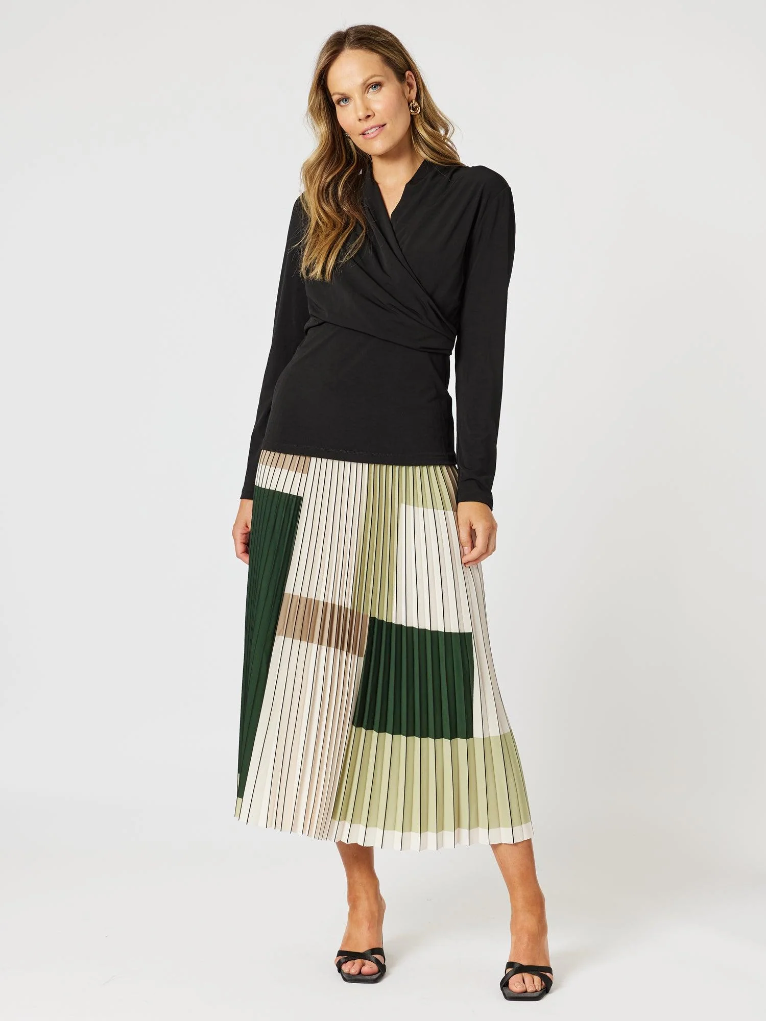 Vienna Print Pleat Skirt - Khaki