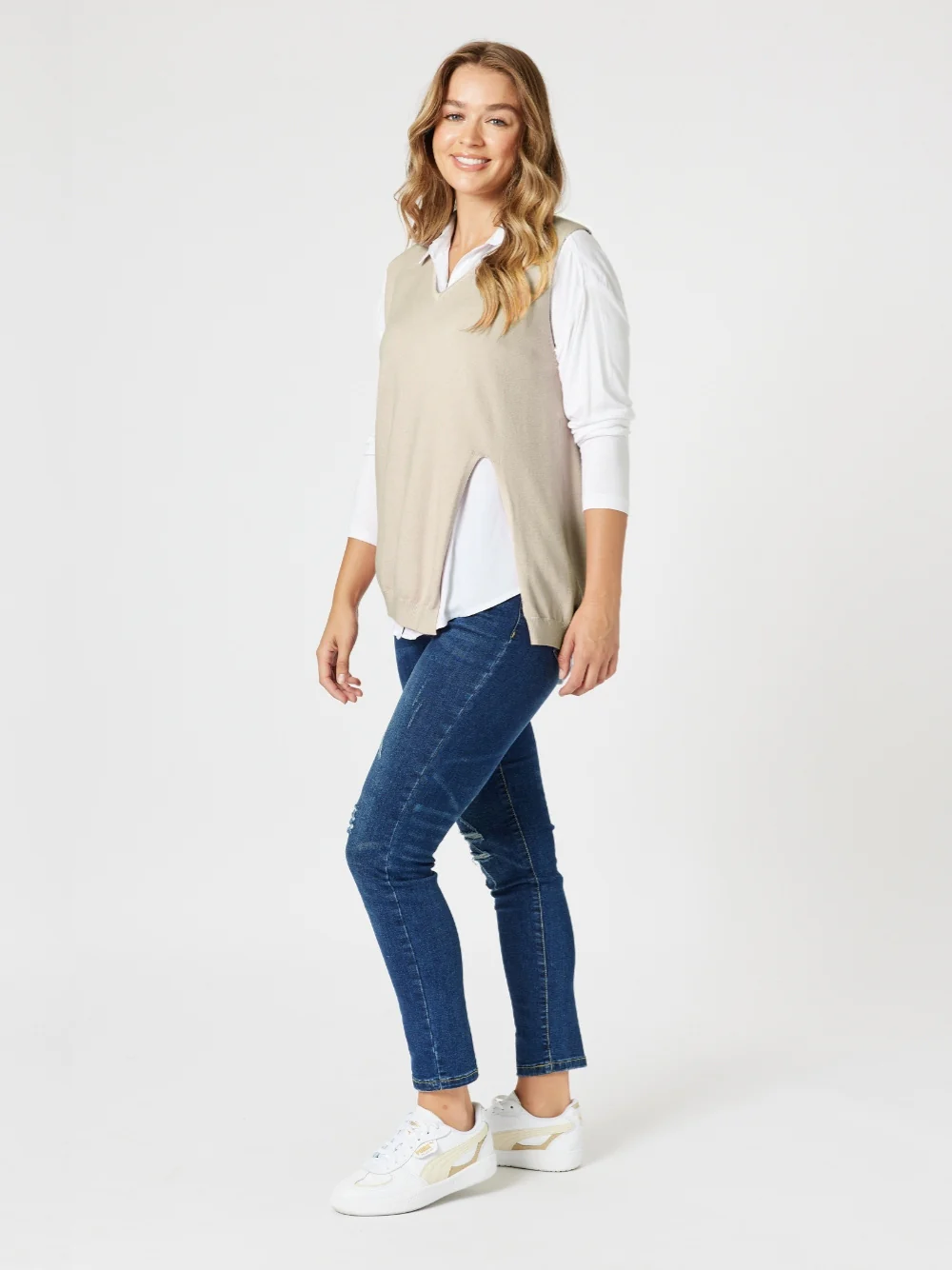 Vicky Side Split Knit Vest - Natural