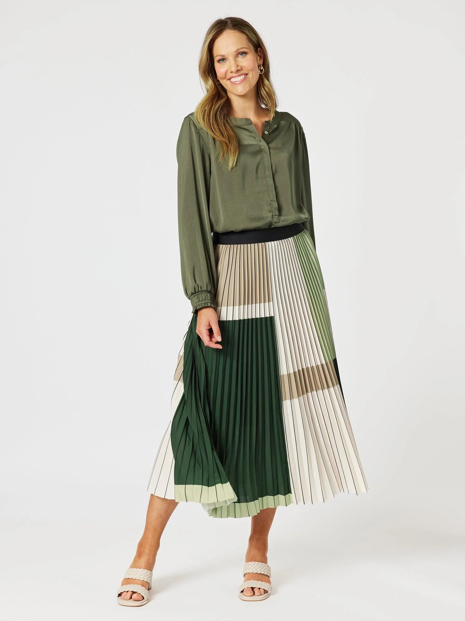 Vienna Print Pleat Skirt - Khaki