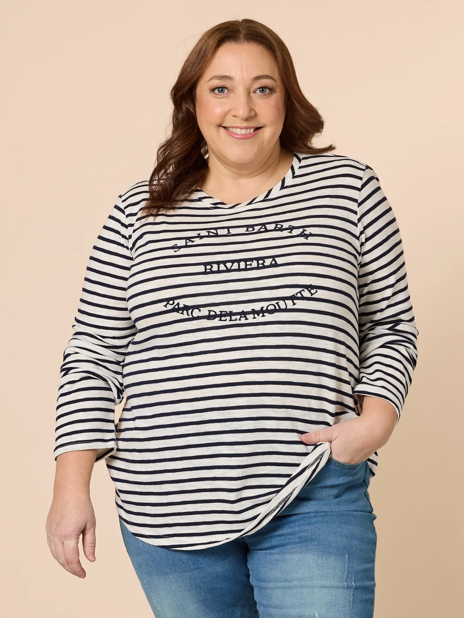 Riviera Stripe Print Long Sleeve Tee - Navy/White