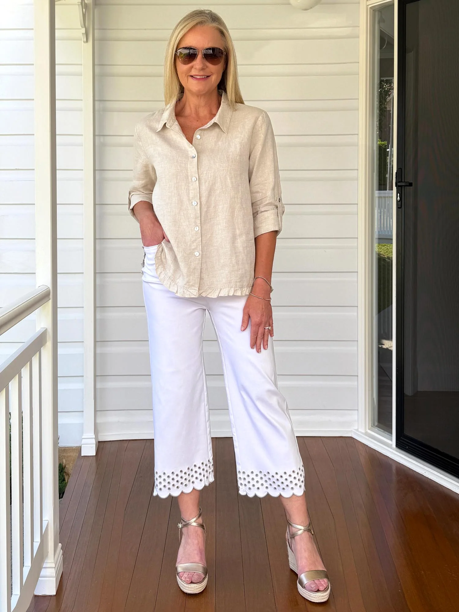 Scallop Hem Pant - White/Natural