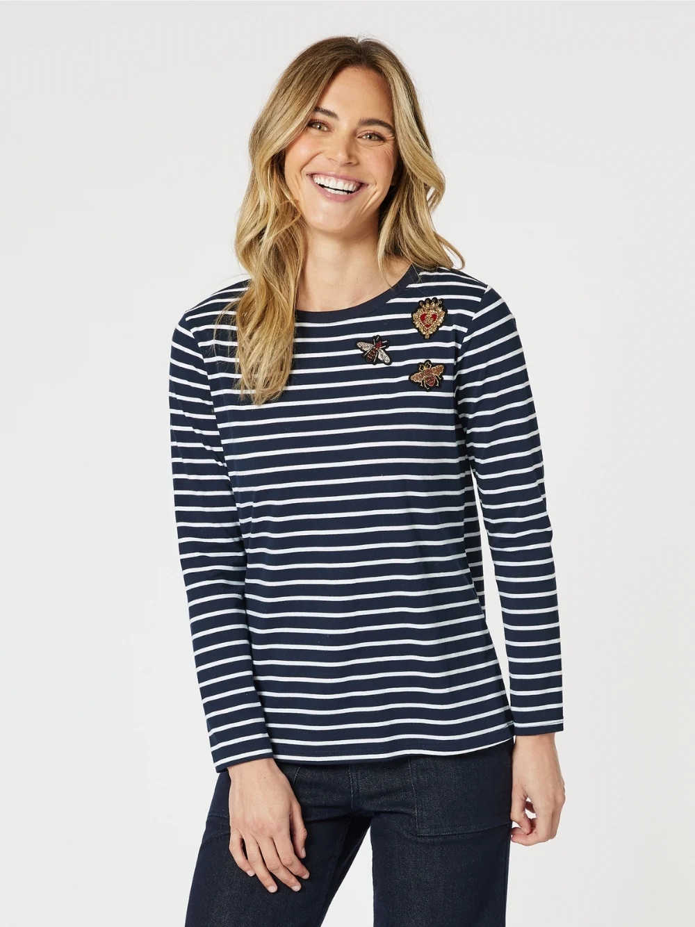 Badge Detail Stripe Long Sleeve Tee - Navy/White