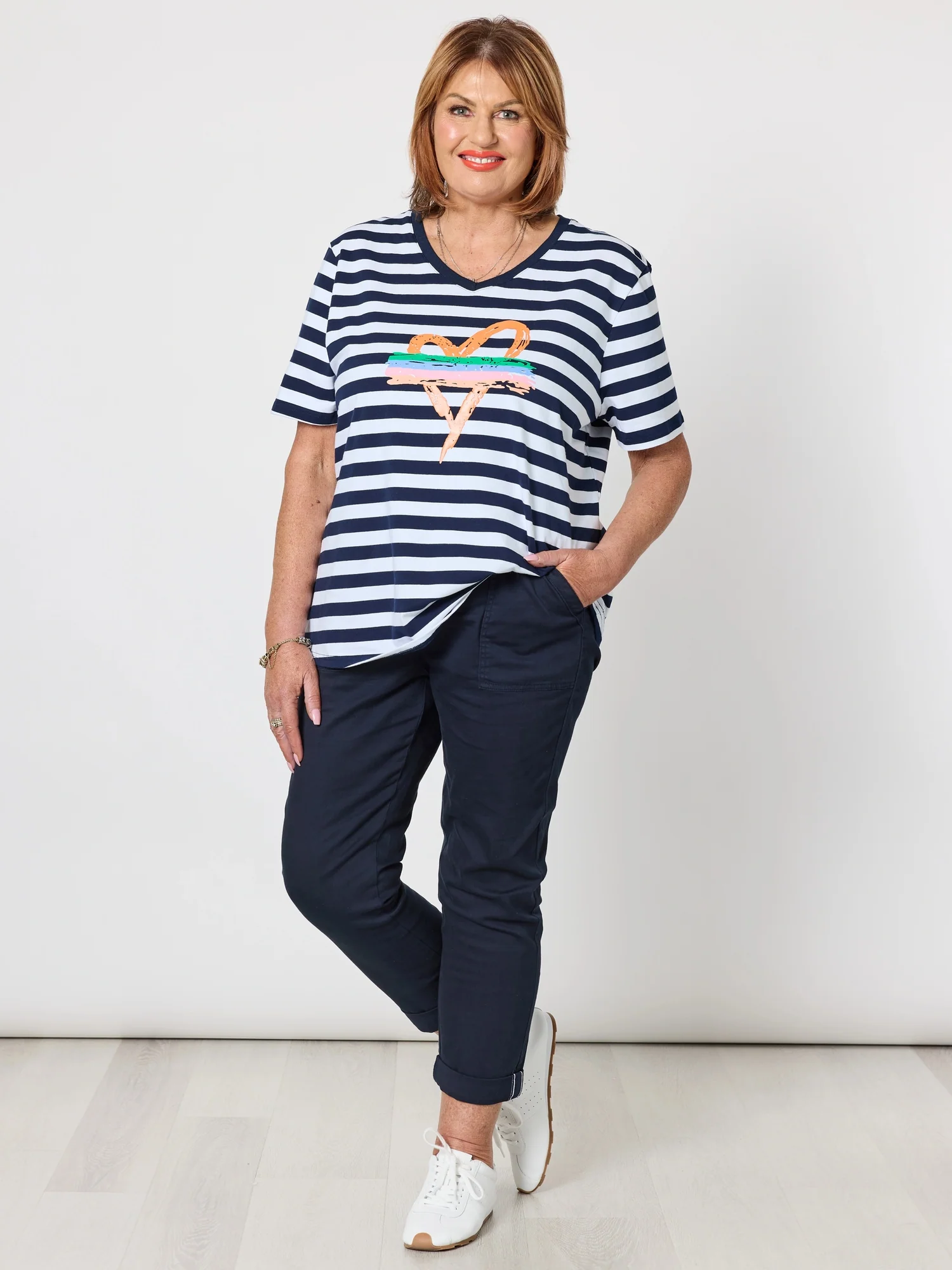 Heart Stripe Print T-shirt - Orange