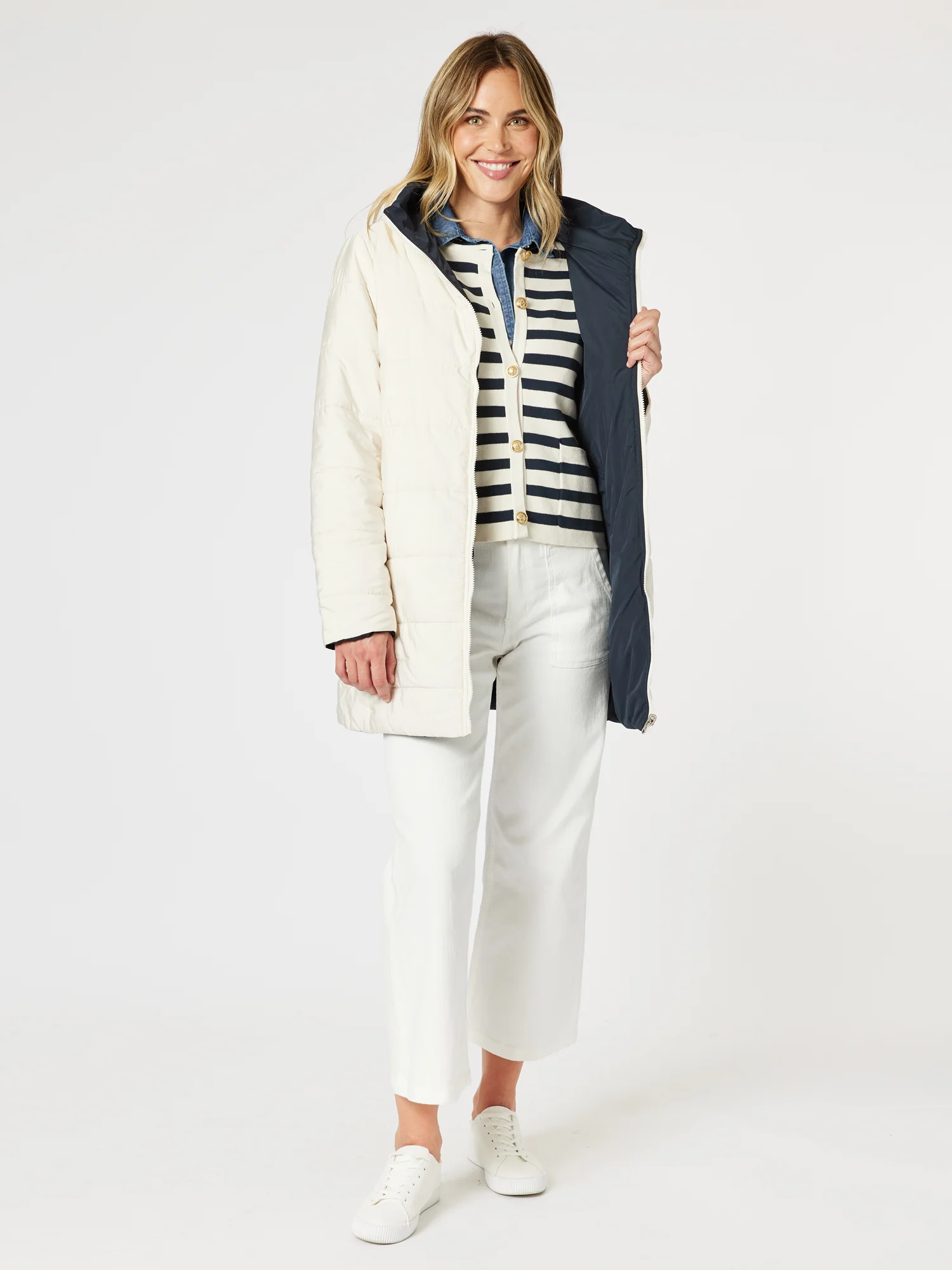 Cape Town Stripe Print Cardigan - Navy/Ivory