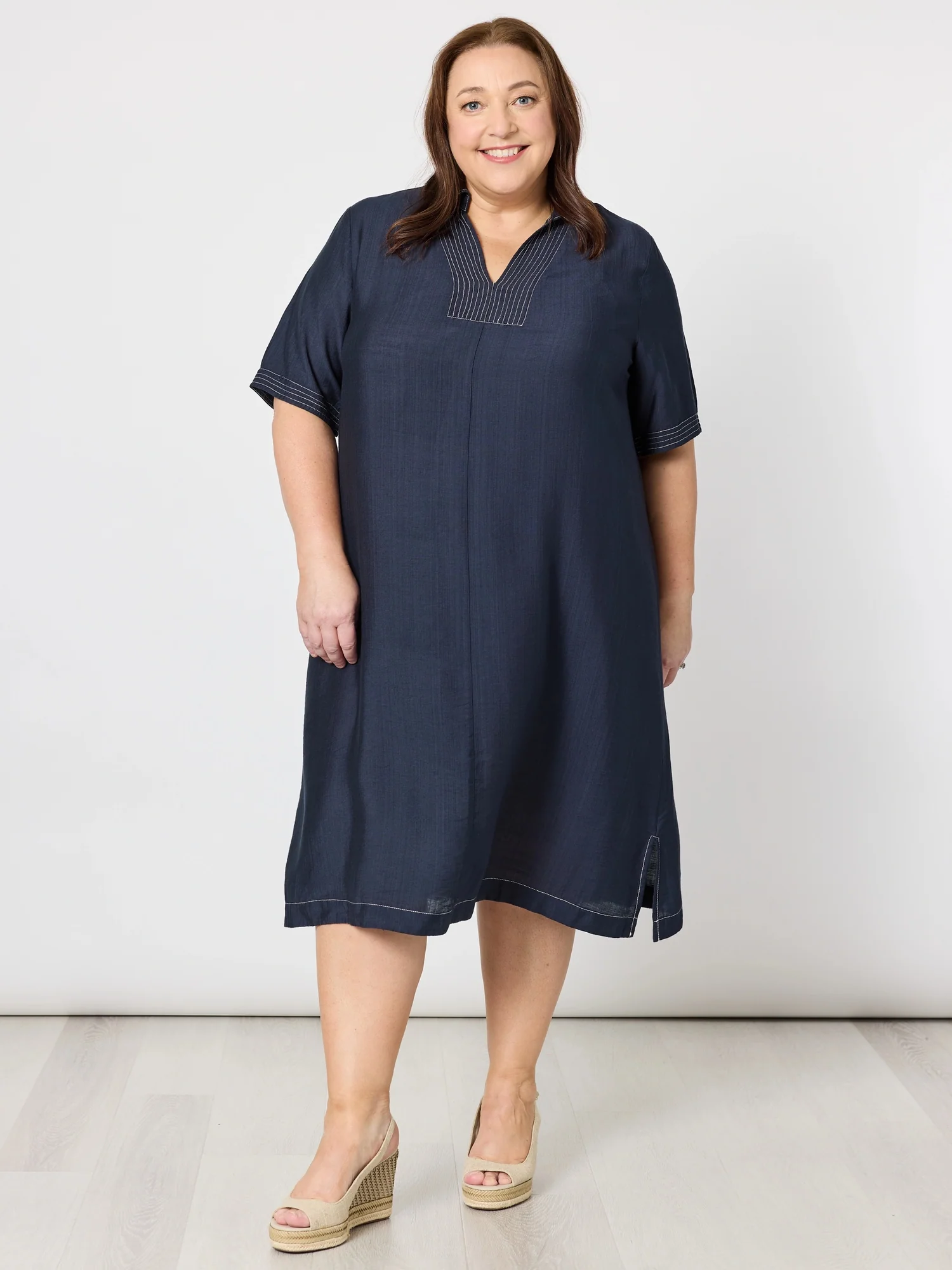 Top Stitch Detail Dress - Navy