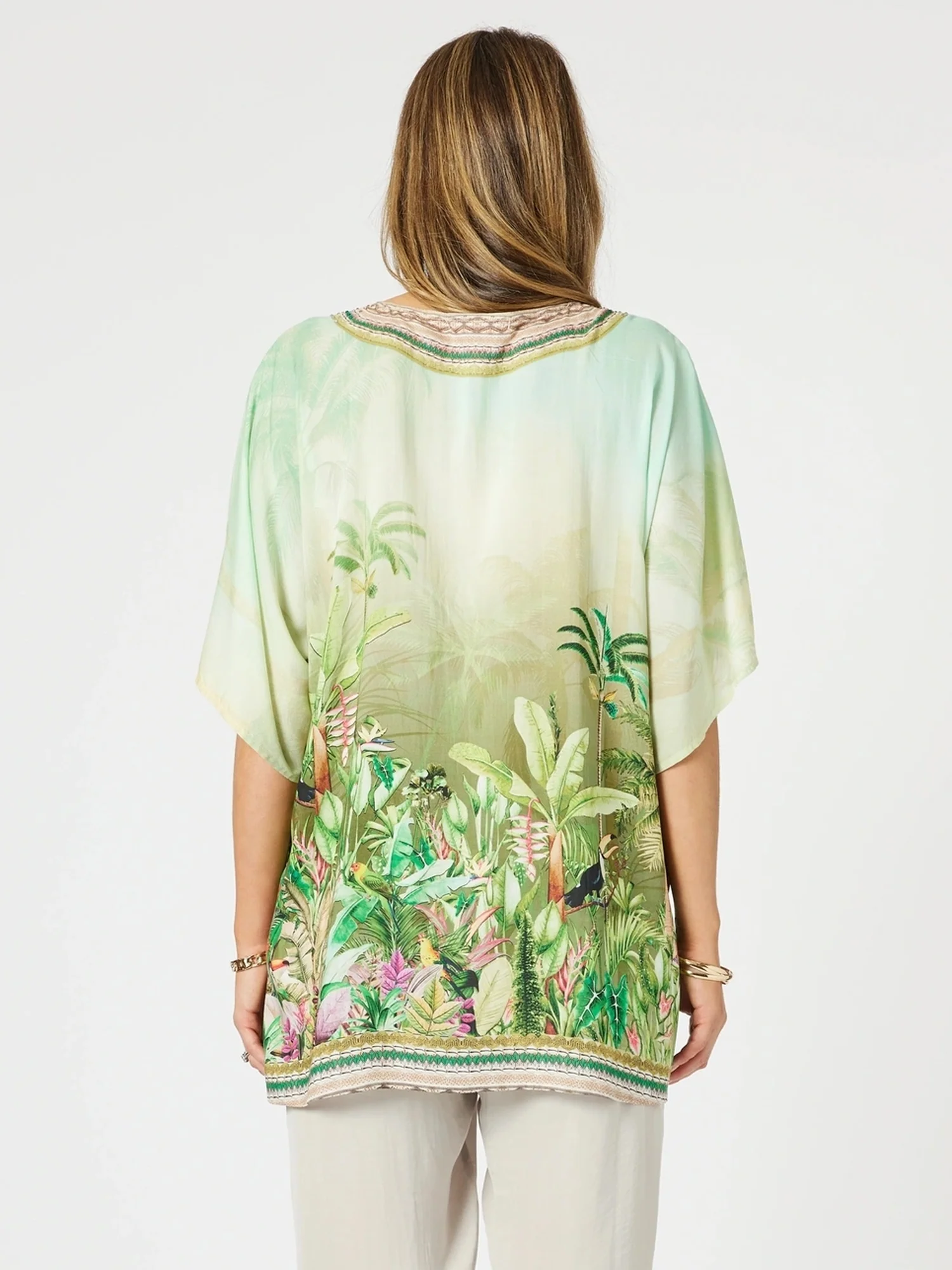 Toucan Print V Neck Top - Green