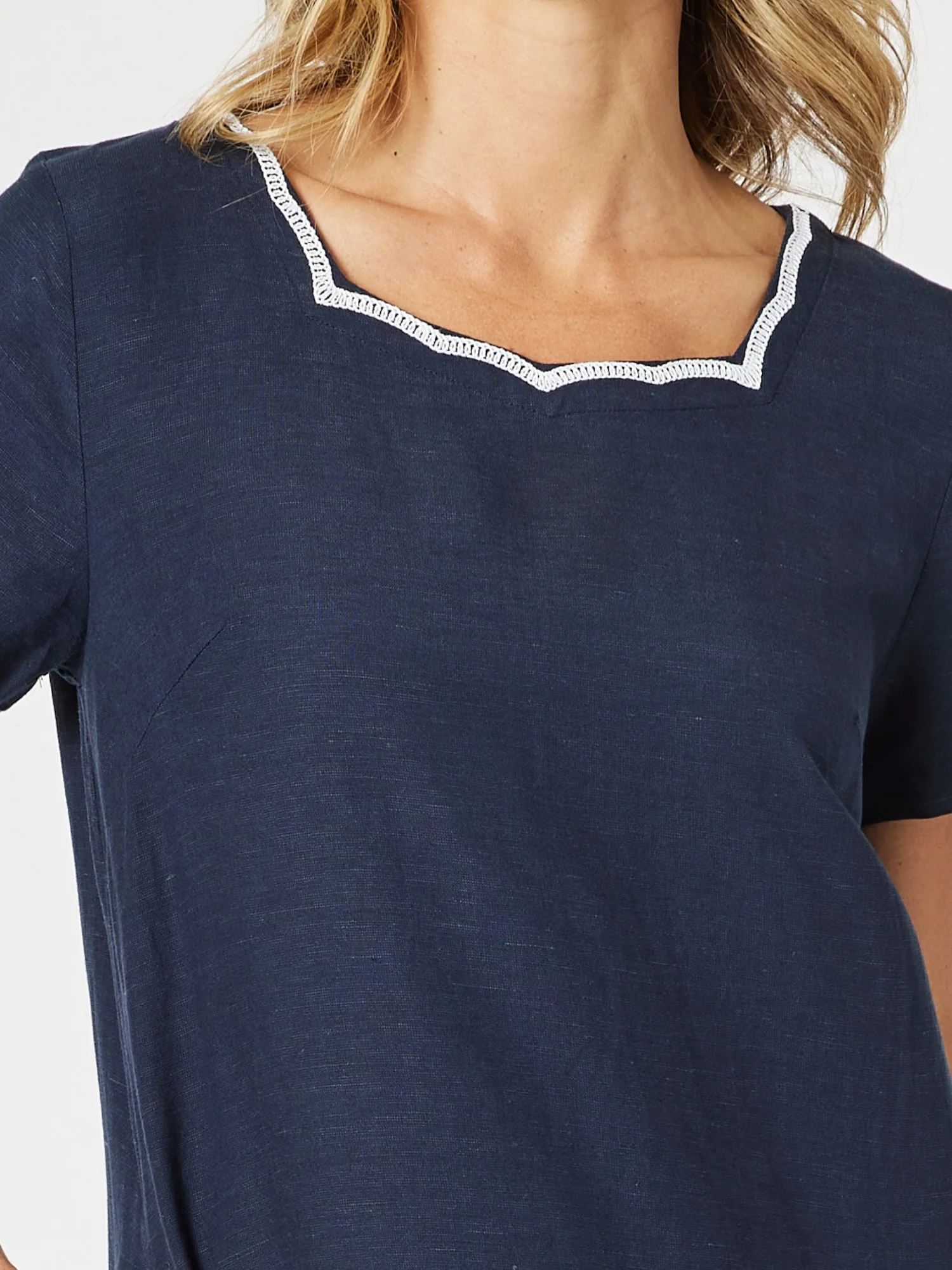 Palm Embroidered Lino Shift Dress - Navy/White