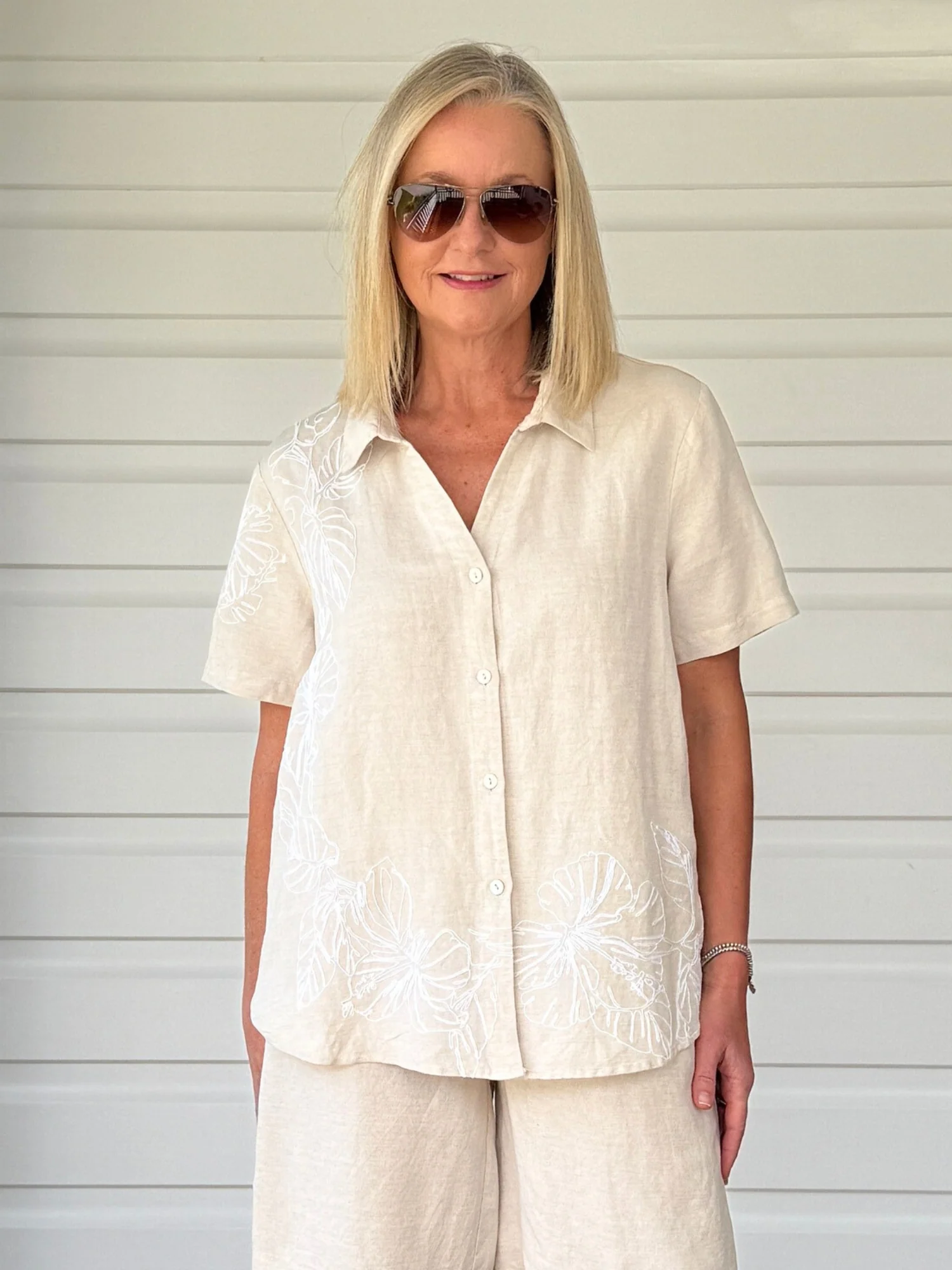 Lino Embroidered Shirt - Natural/White