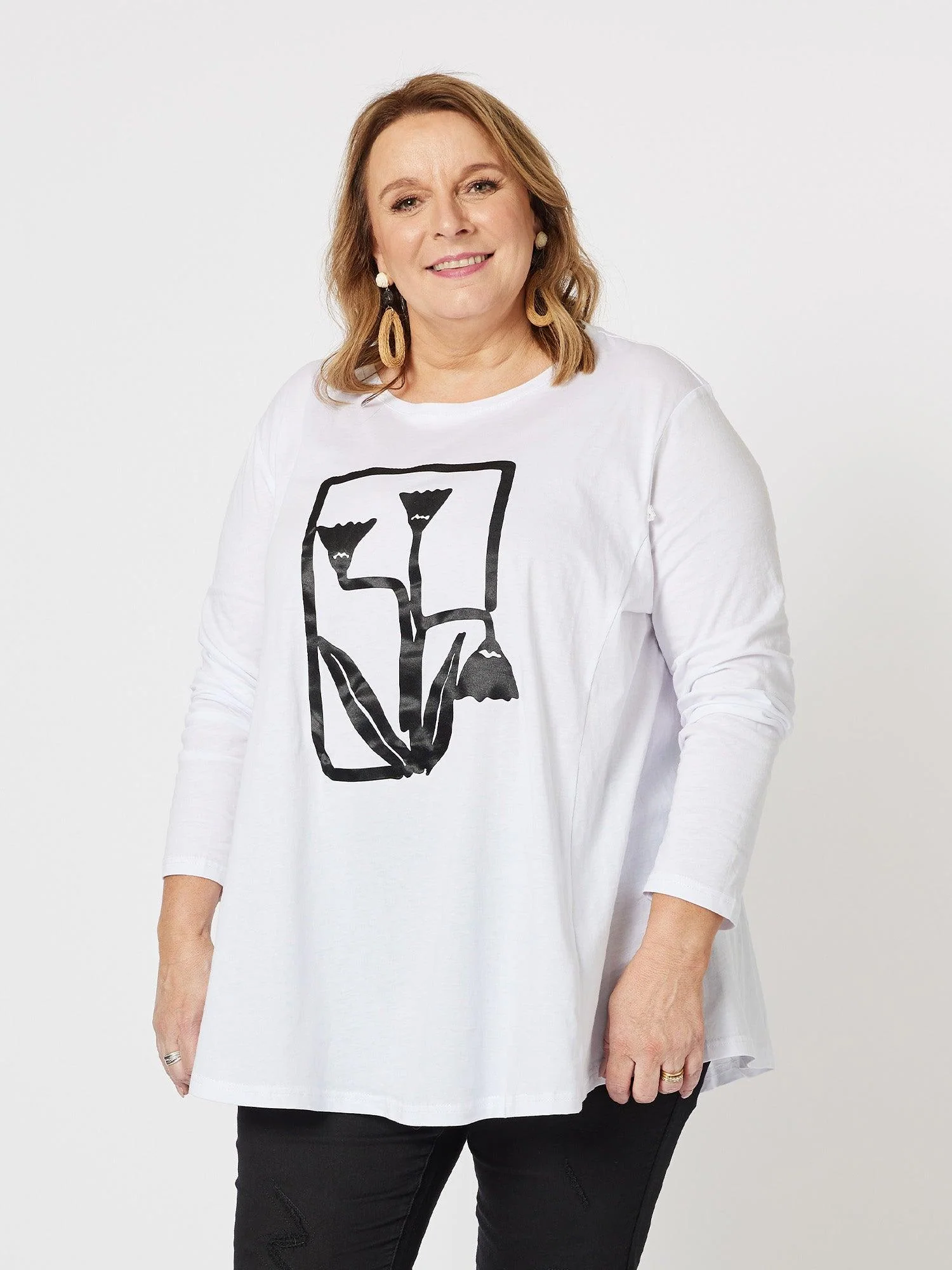 Floral Outline Long Sleeve Top - White