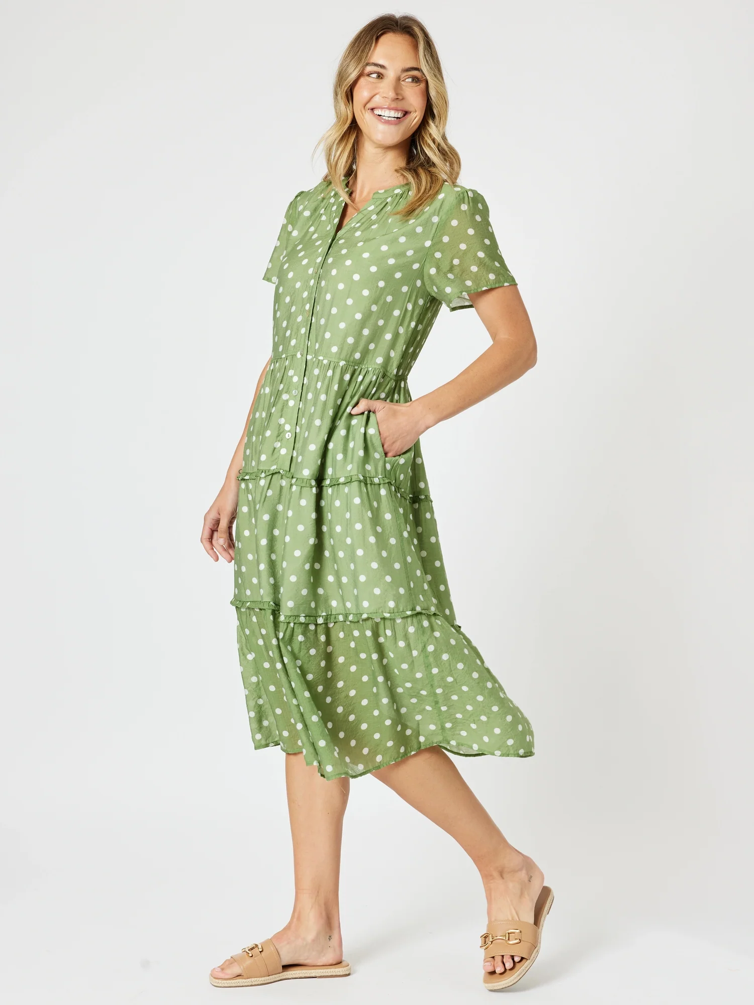 Basil Spot Print Dress - Basil/White
