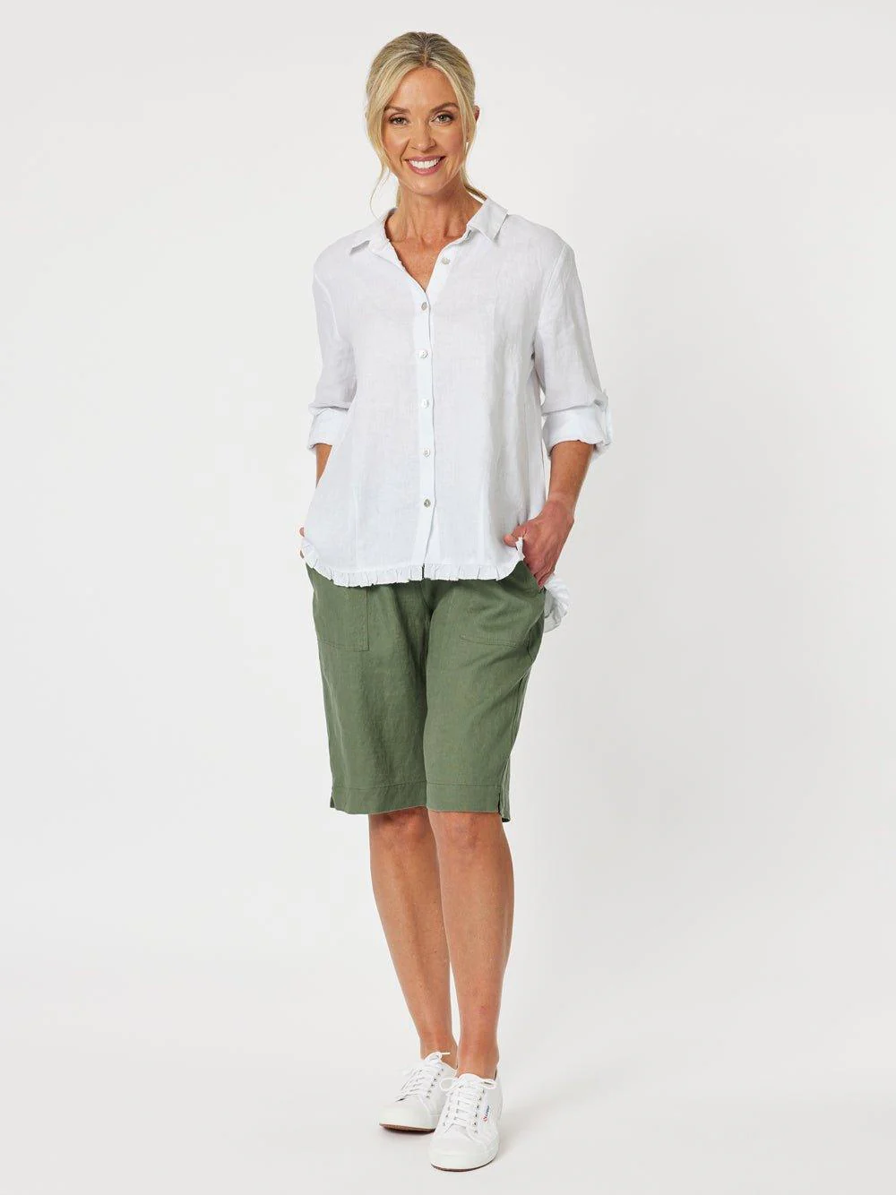 Ruffle Hem Linen Shirt - White