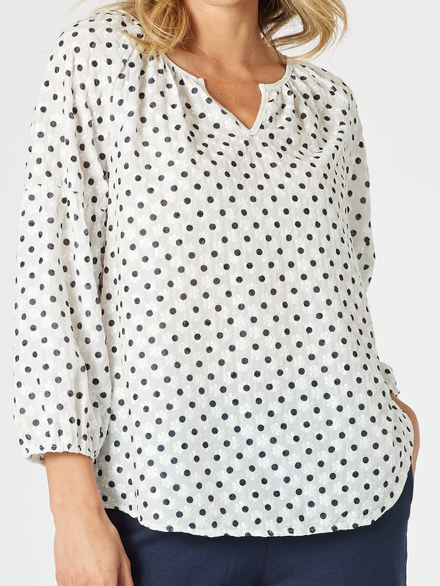 Get Dotty Embroidered Top - Navy/White