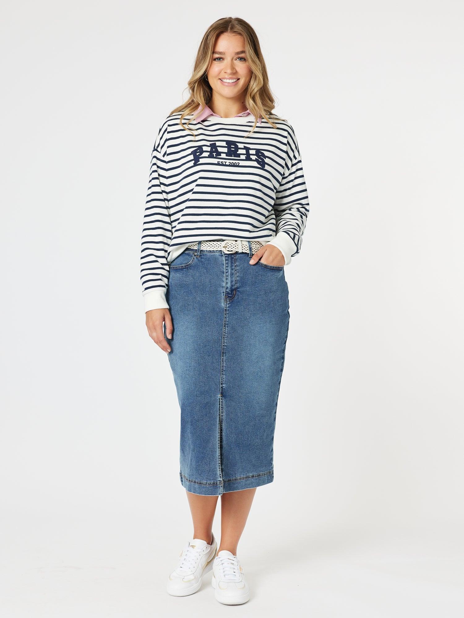 Paris Stripe Print Sweatshirt - Navy/White