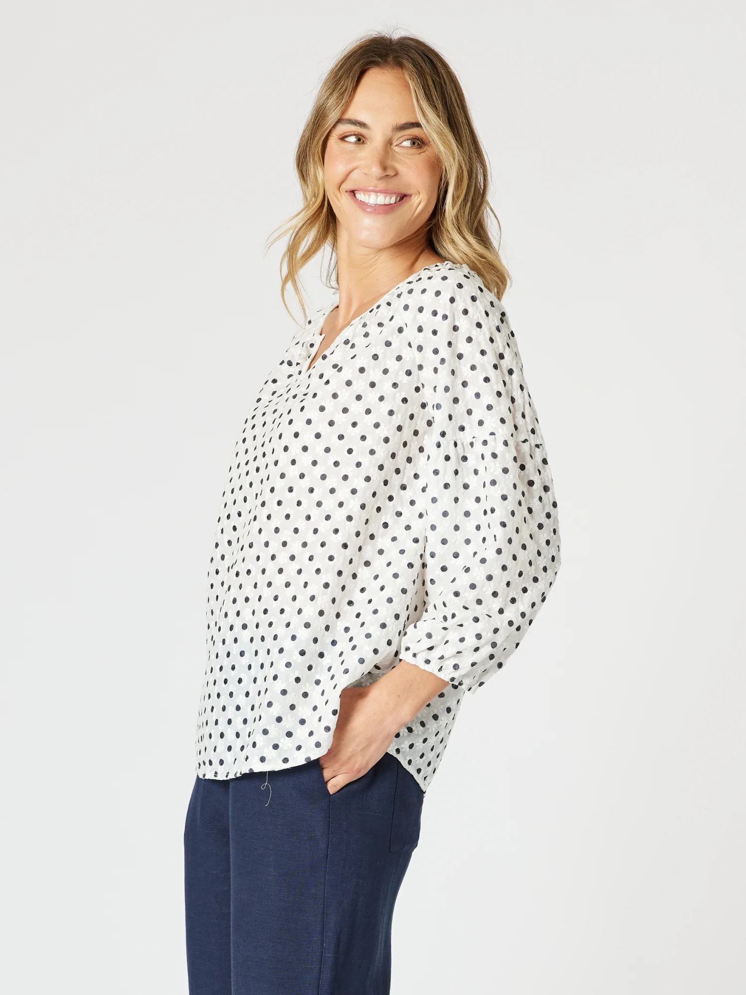 Get Dotty Embroidered Top - Navy/White