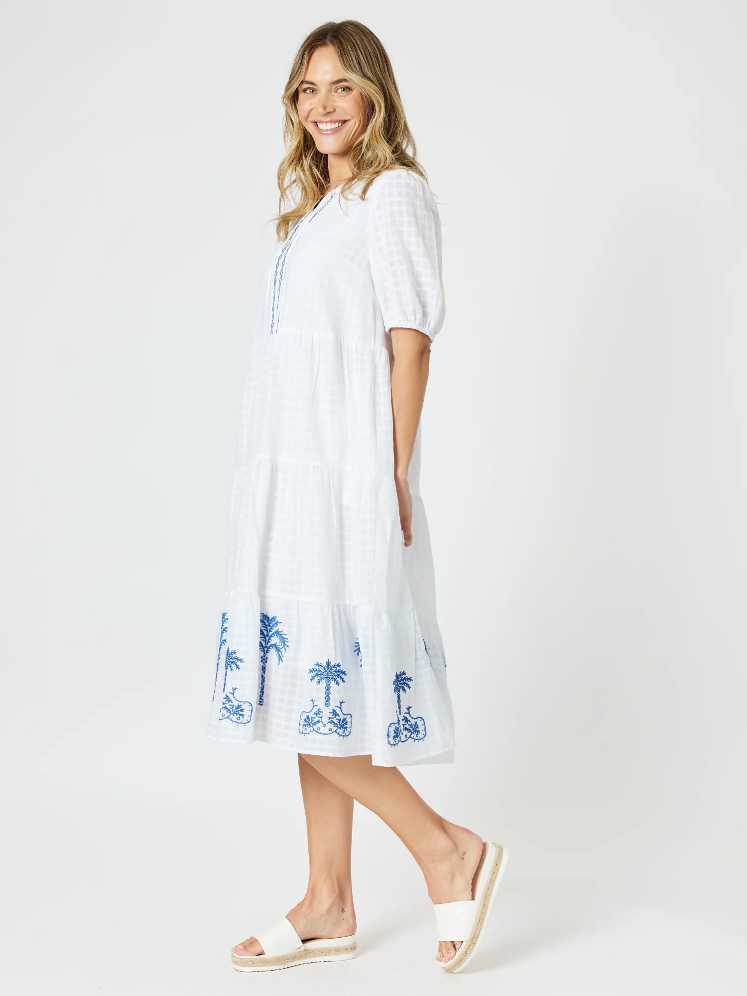 Mykonos Embroidered Dress - White/Blue