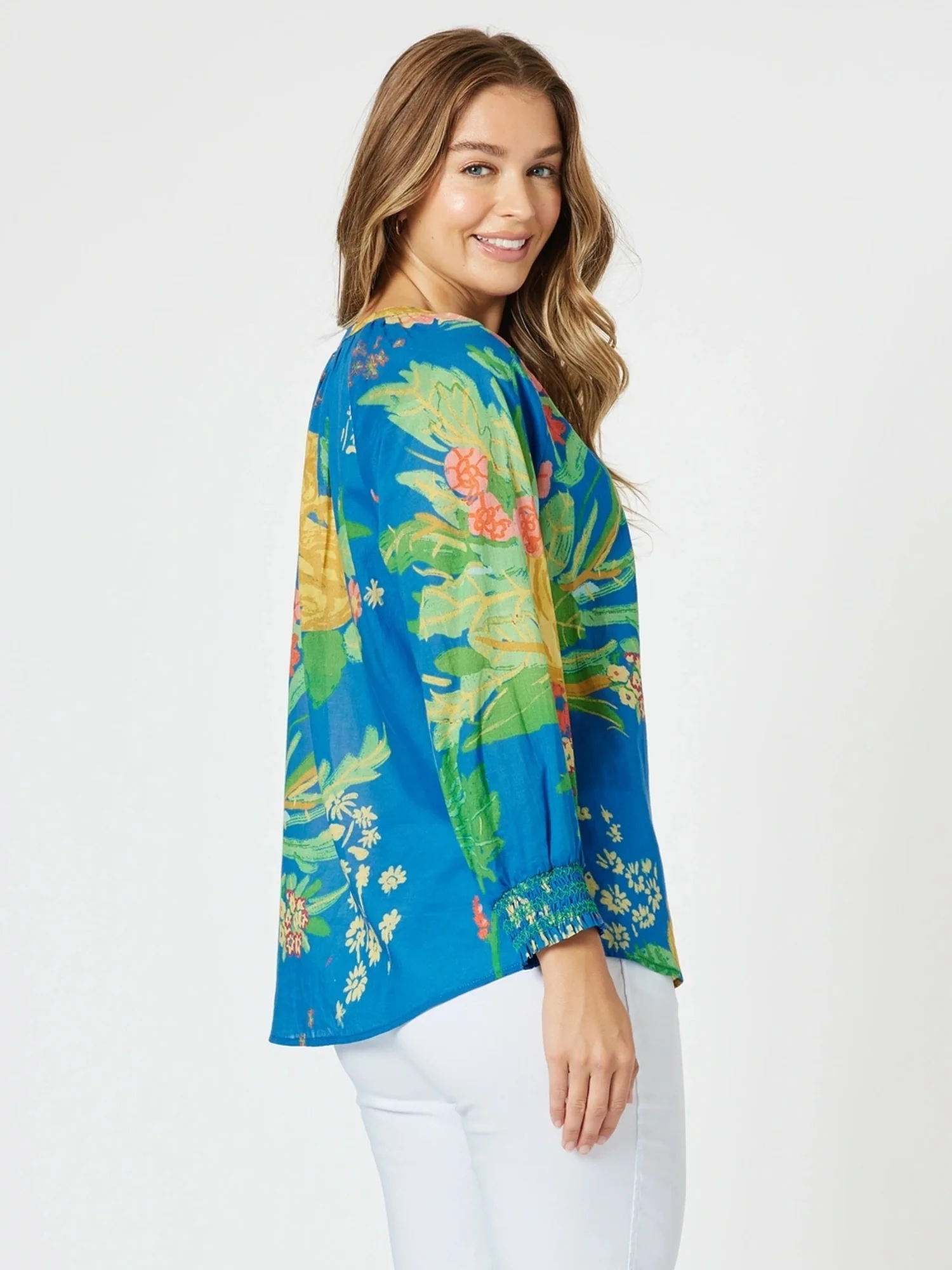 Tropics Floral Print Sheer Top - Blue/Multi