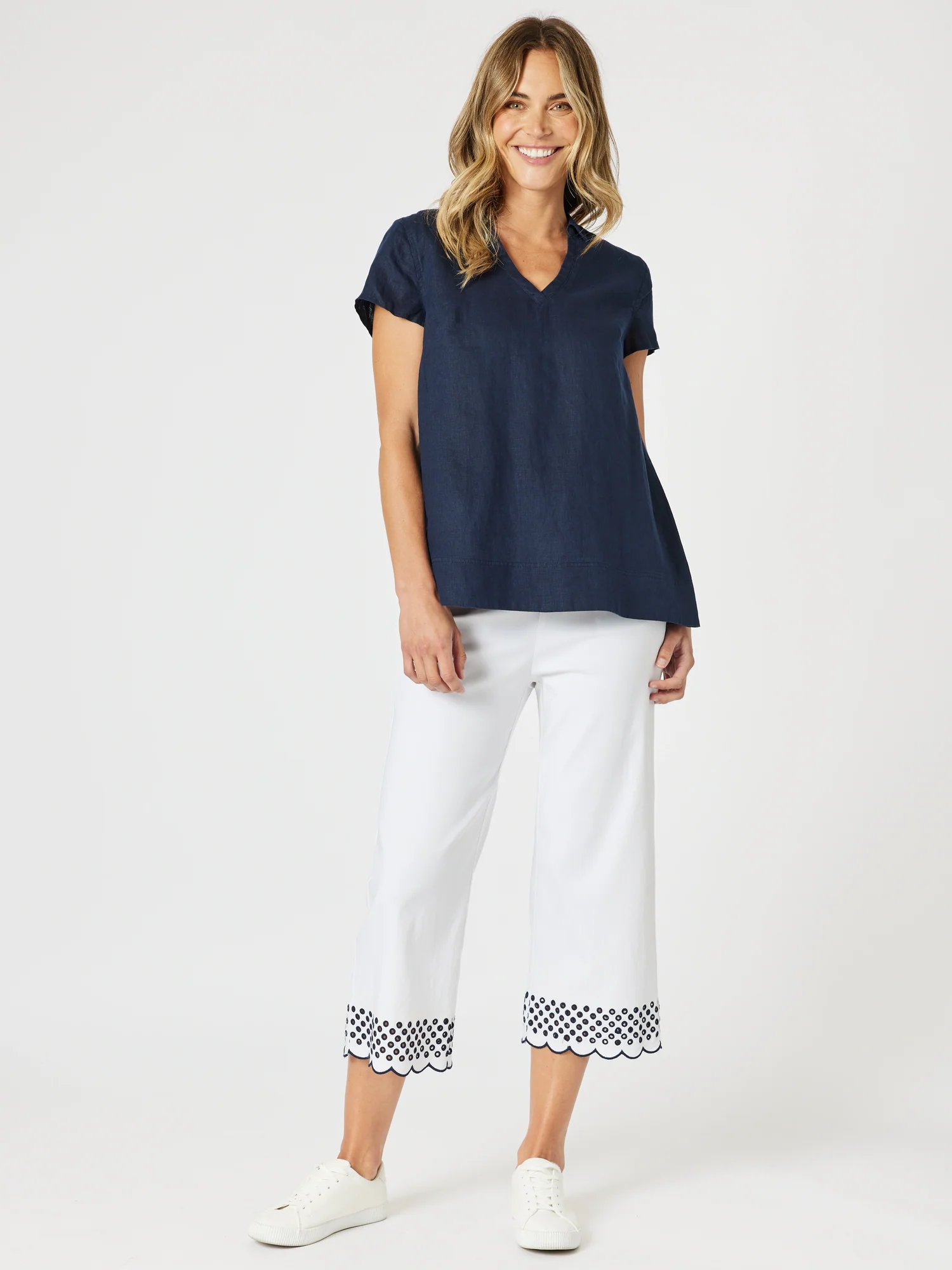 Scallop Hem Pant - White/Navy