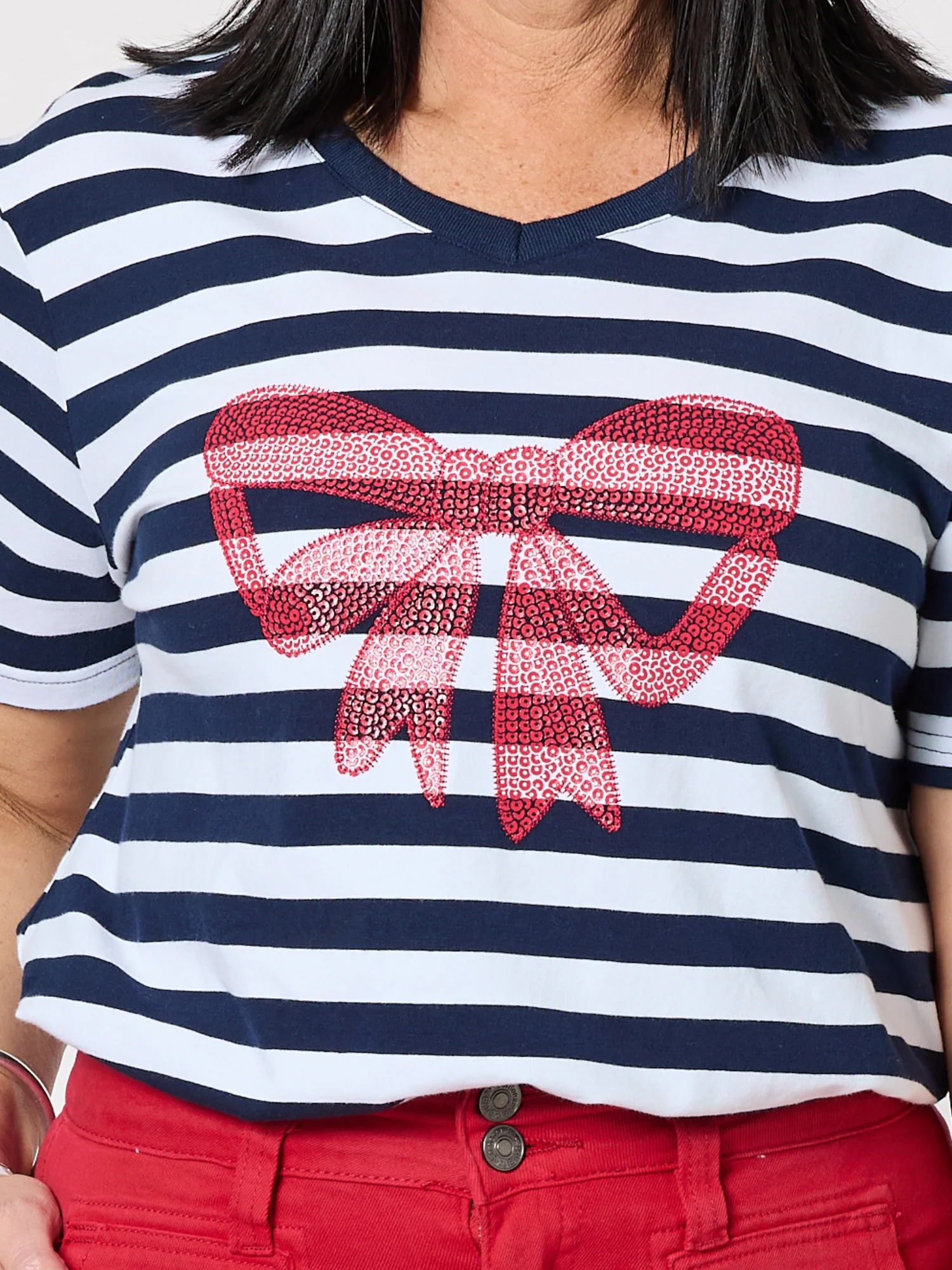 Red Bow Stripe Print Tee - Navy/White