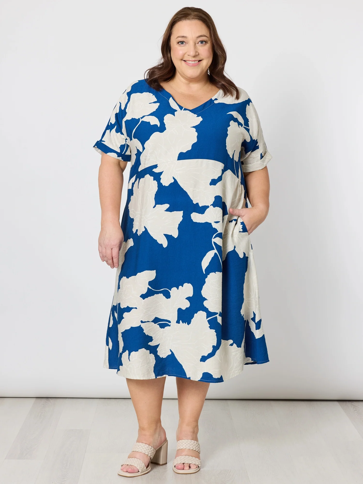 Barcelona V Neck Floral Print Dress - Blue/Natural