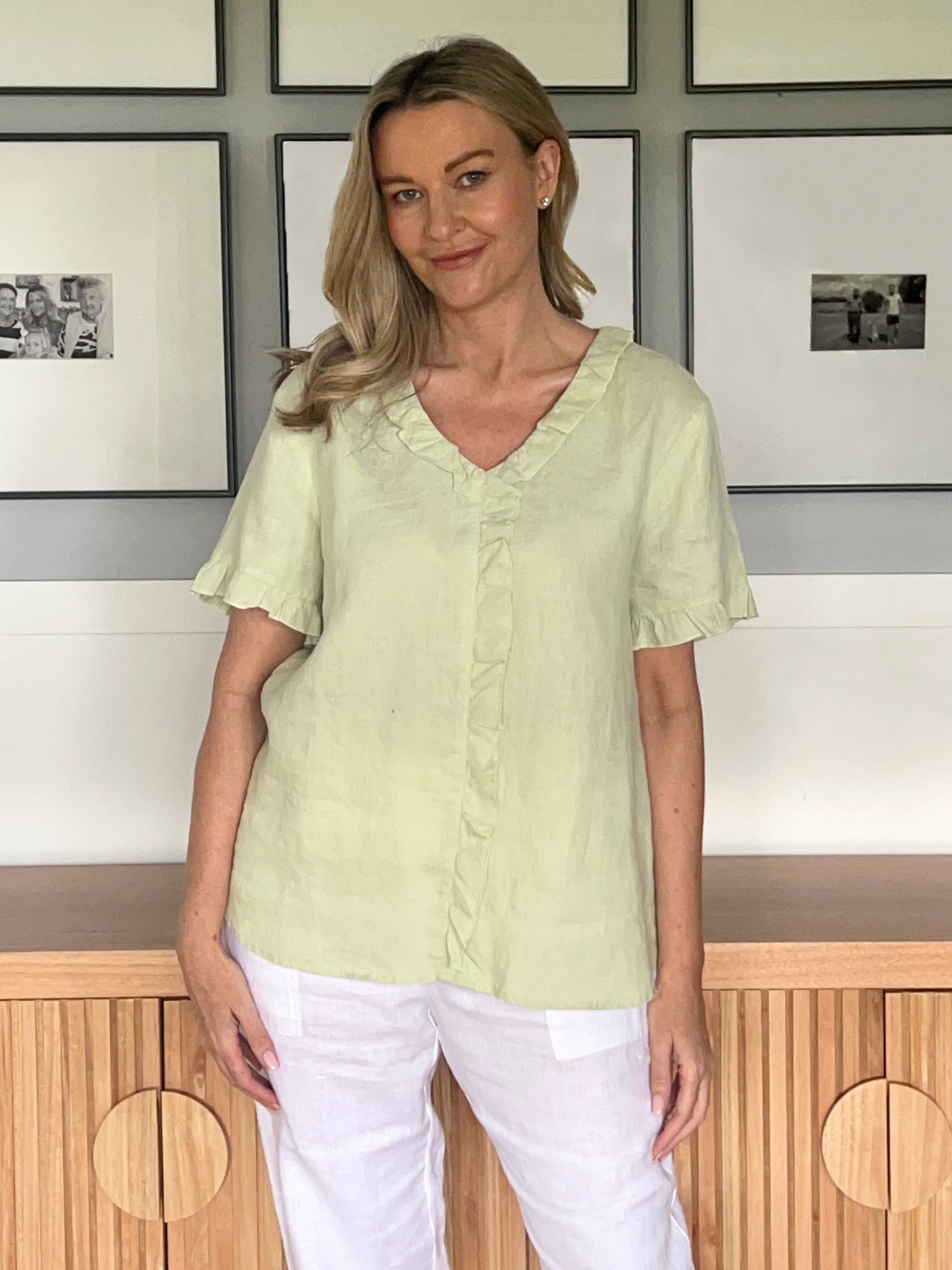 Tiffany Ruffle Linen Top - Celery
