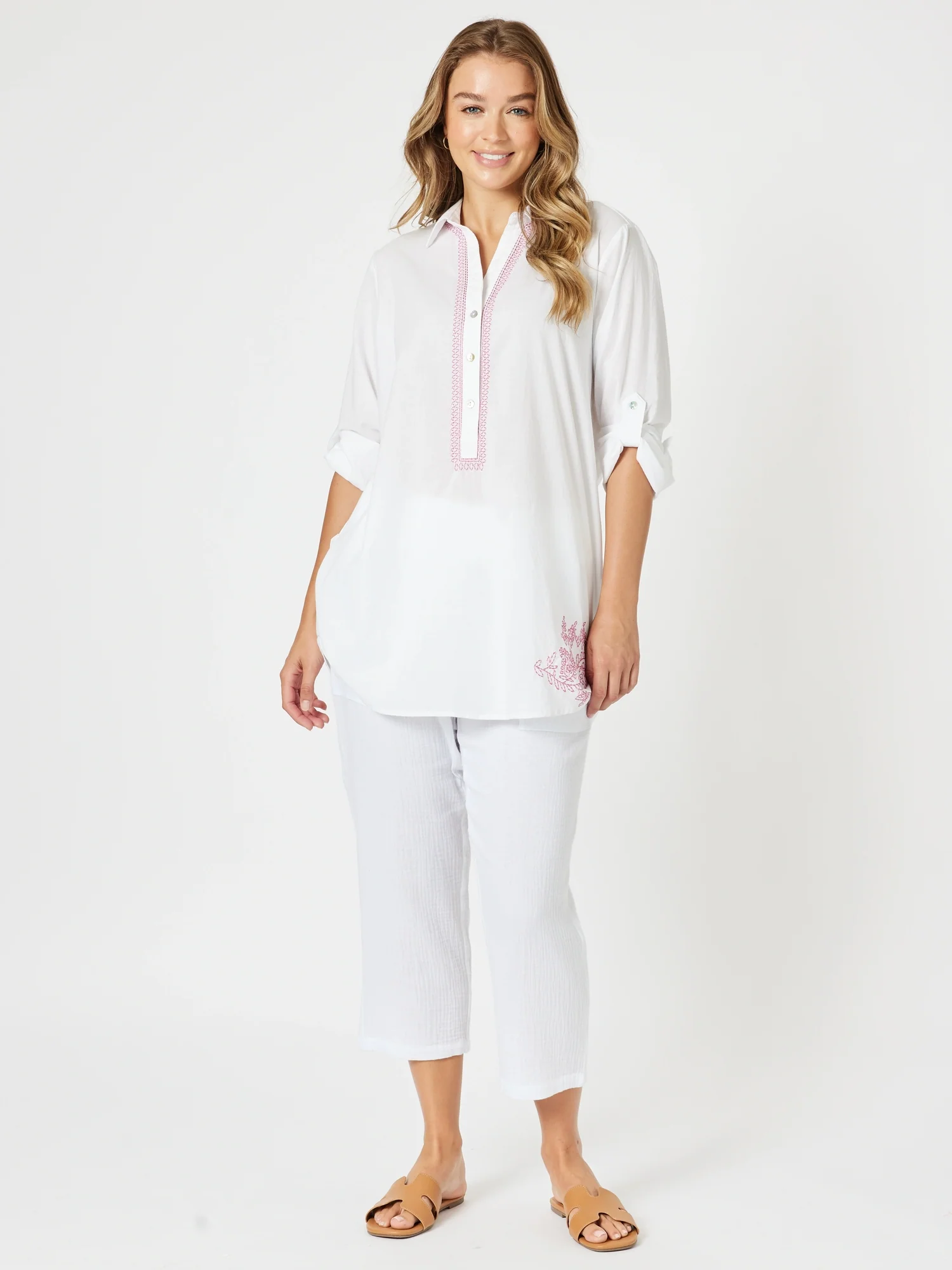 Bella Embroidered Top - White/Pink