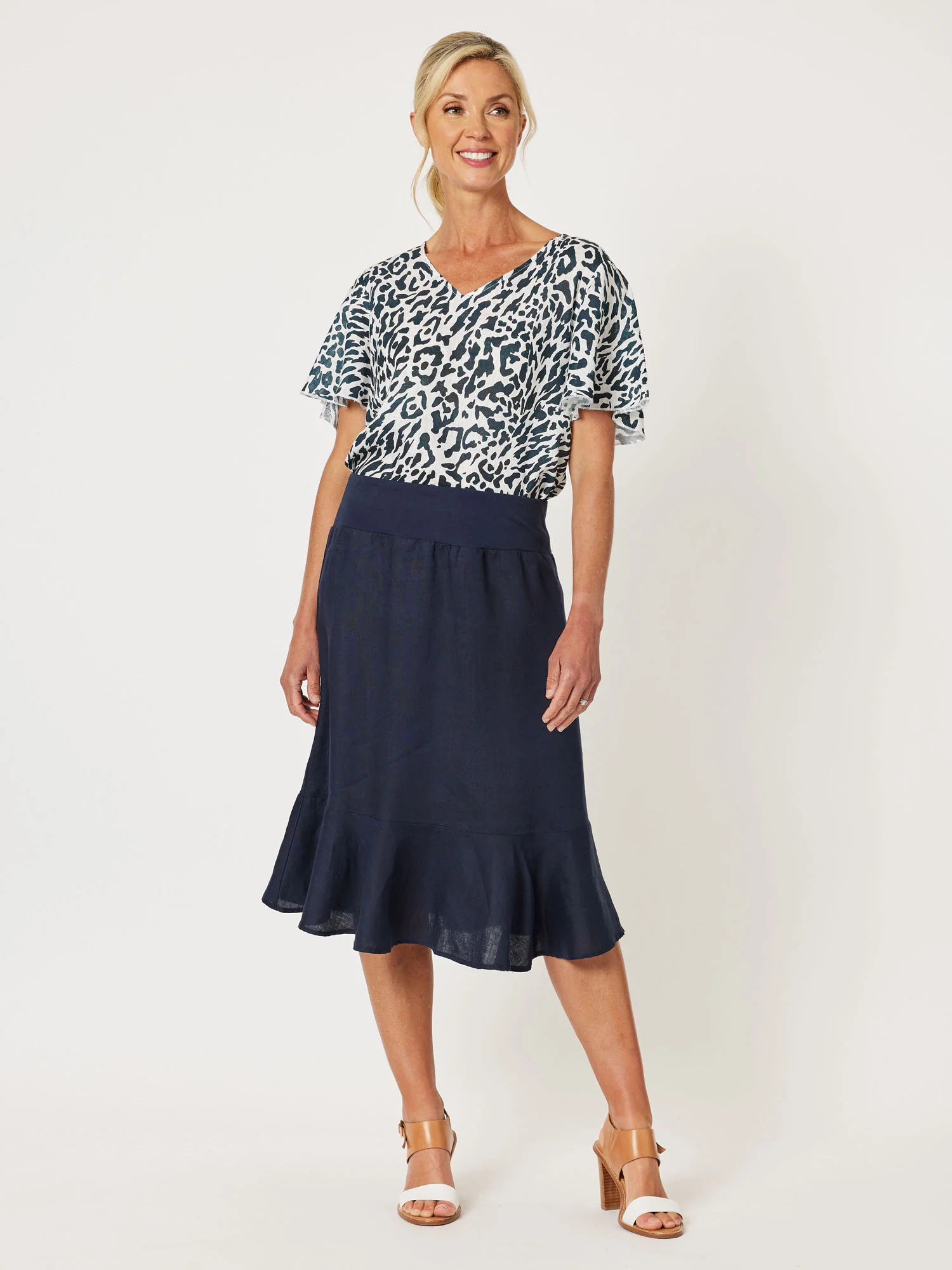 Cape Cod Print Linen Flute Sleeve Top - Animal