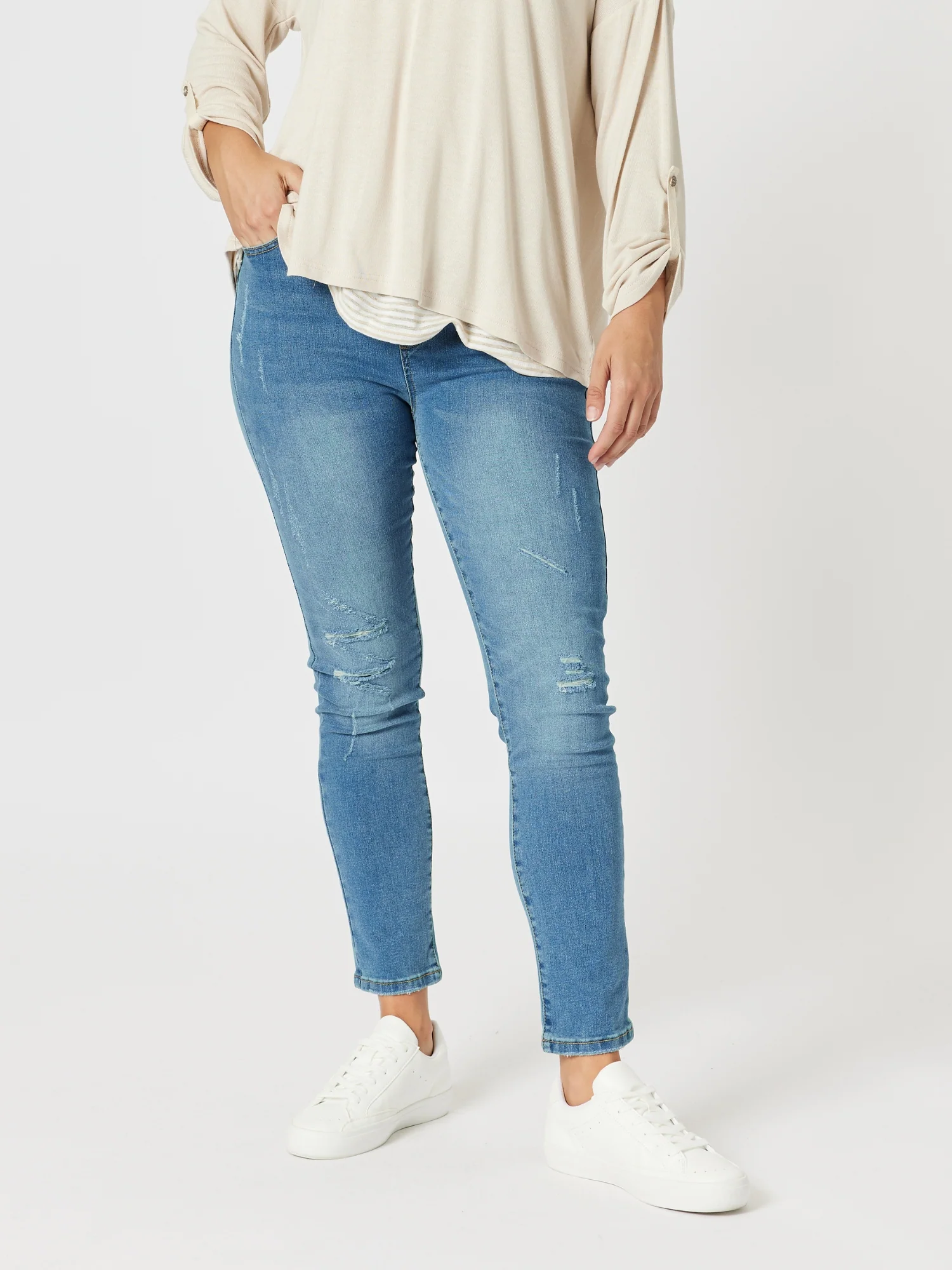 LA Distressed Pull On Stretch Denim Jean - Denim