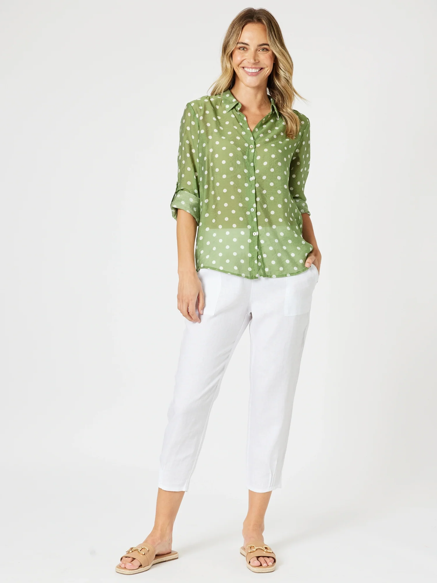 Basil Spot Print Sheer Shirt - Basil White