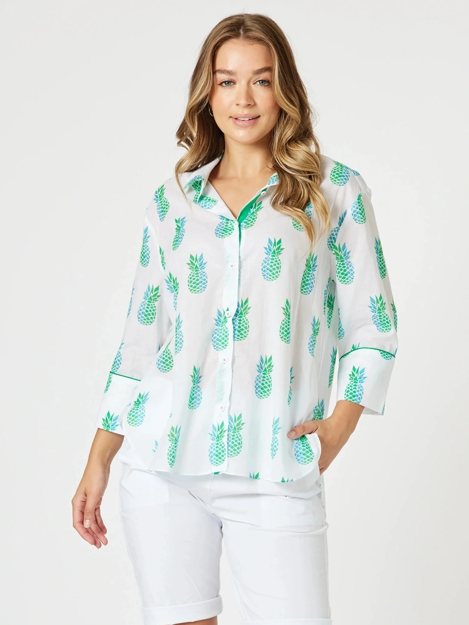 Pineapple Pina Colada Print Sheer Shirt - White Multi