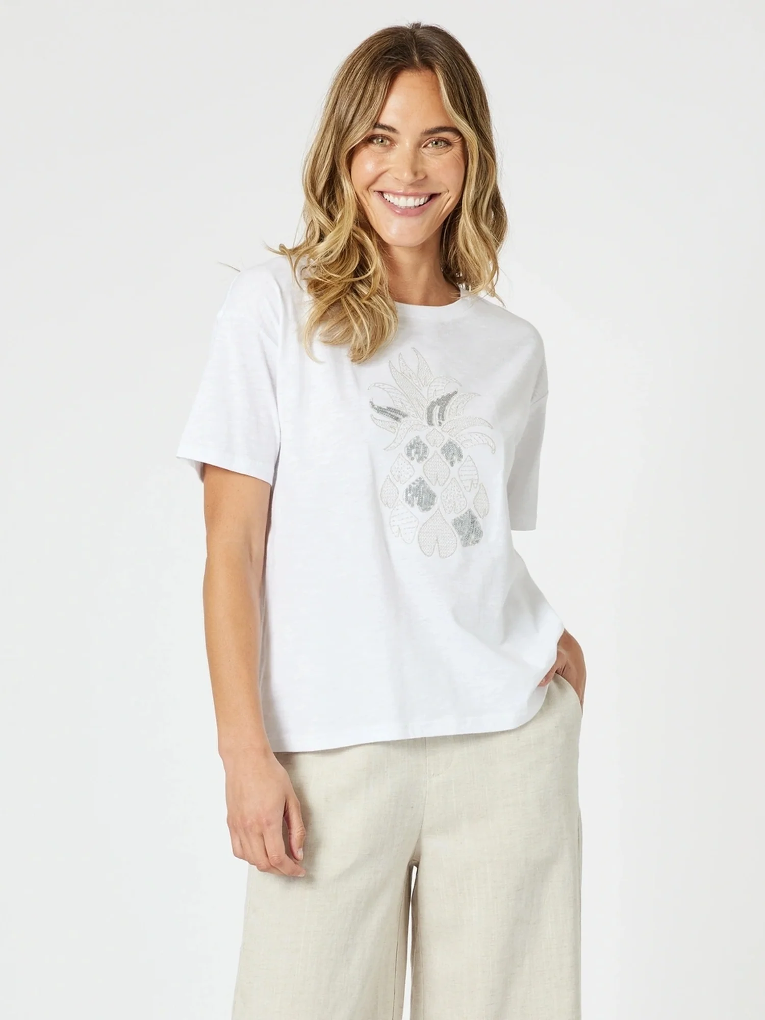 Silver Sequin Pineapple Print Tee - White/Silver