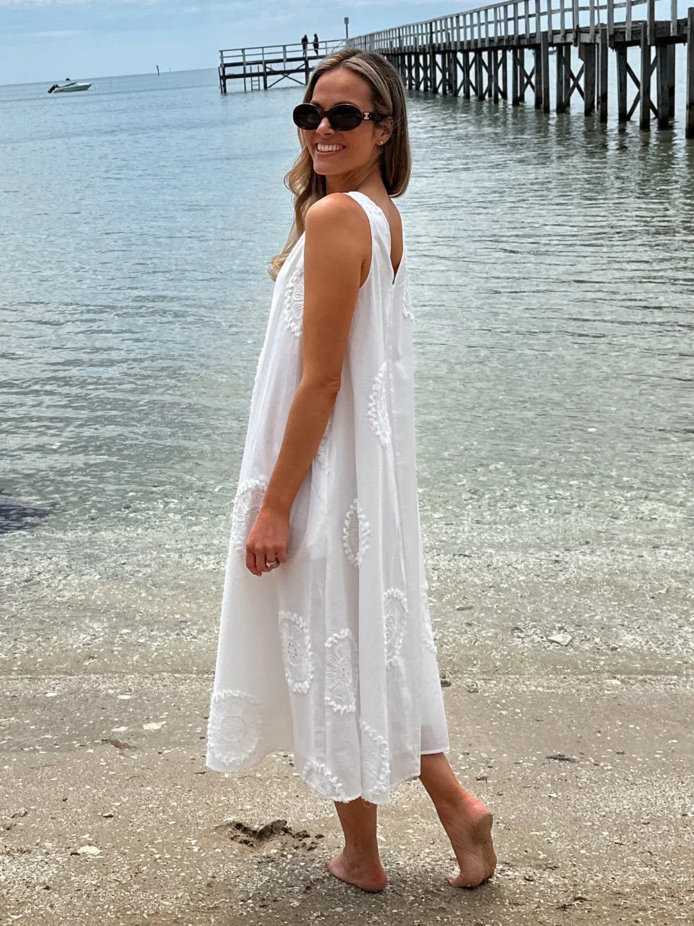 Emanuella Embroidered Sleeveless Dress - White