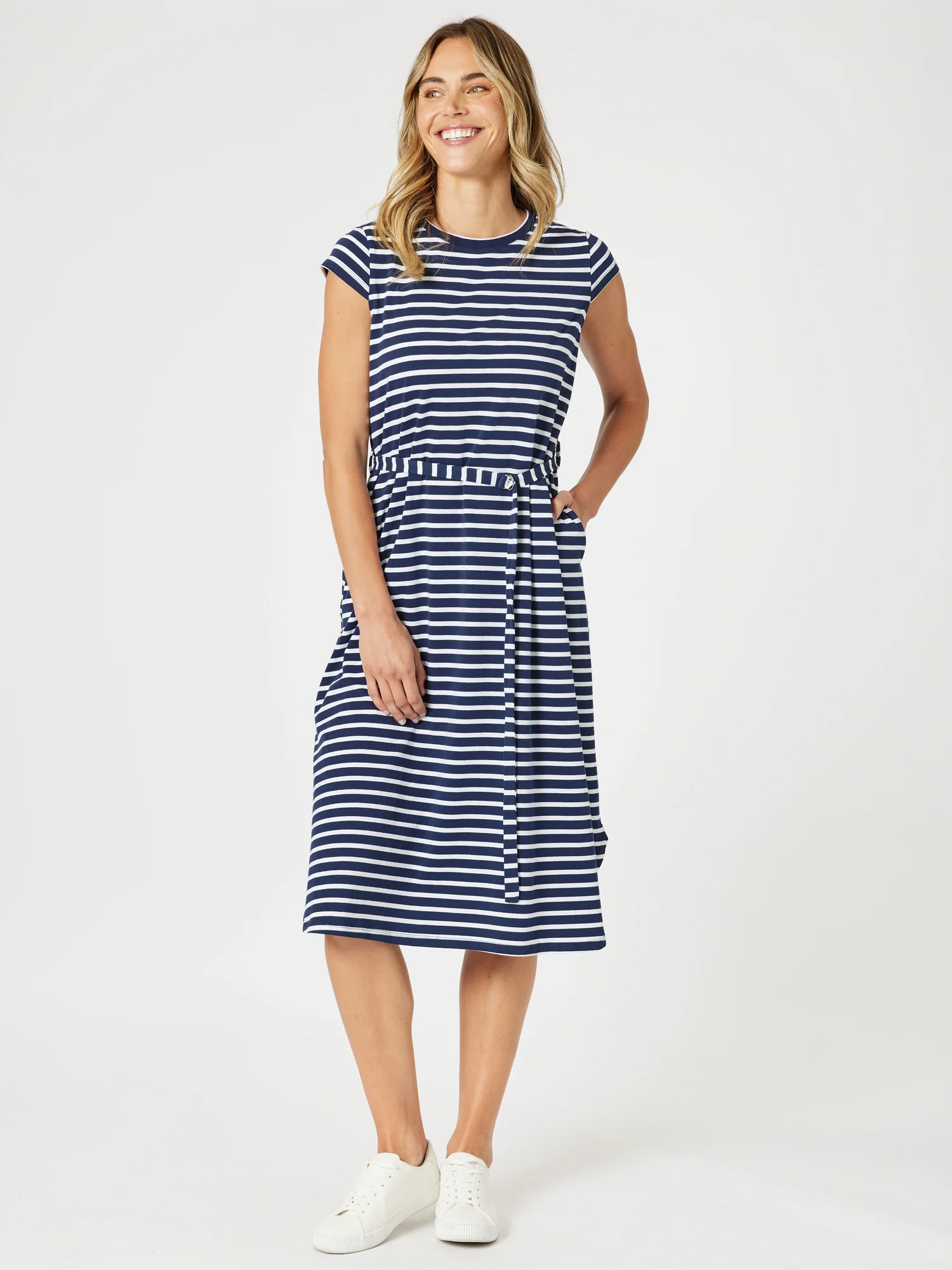 Nautical Stripe Print Dress - Navy/White