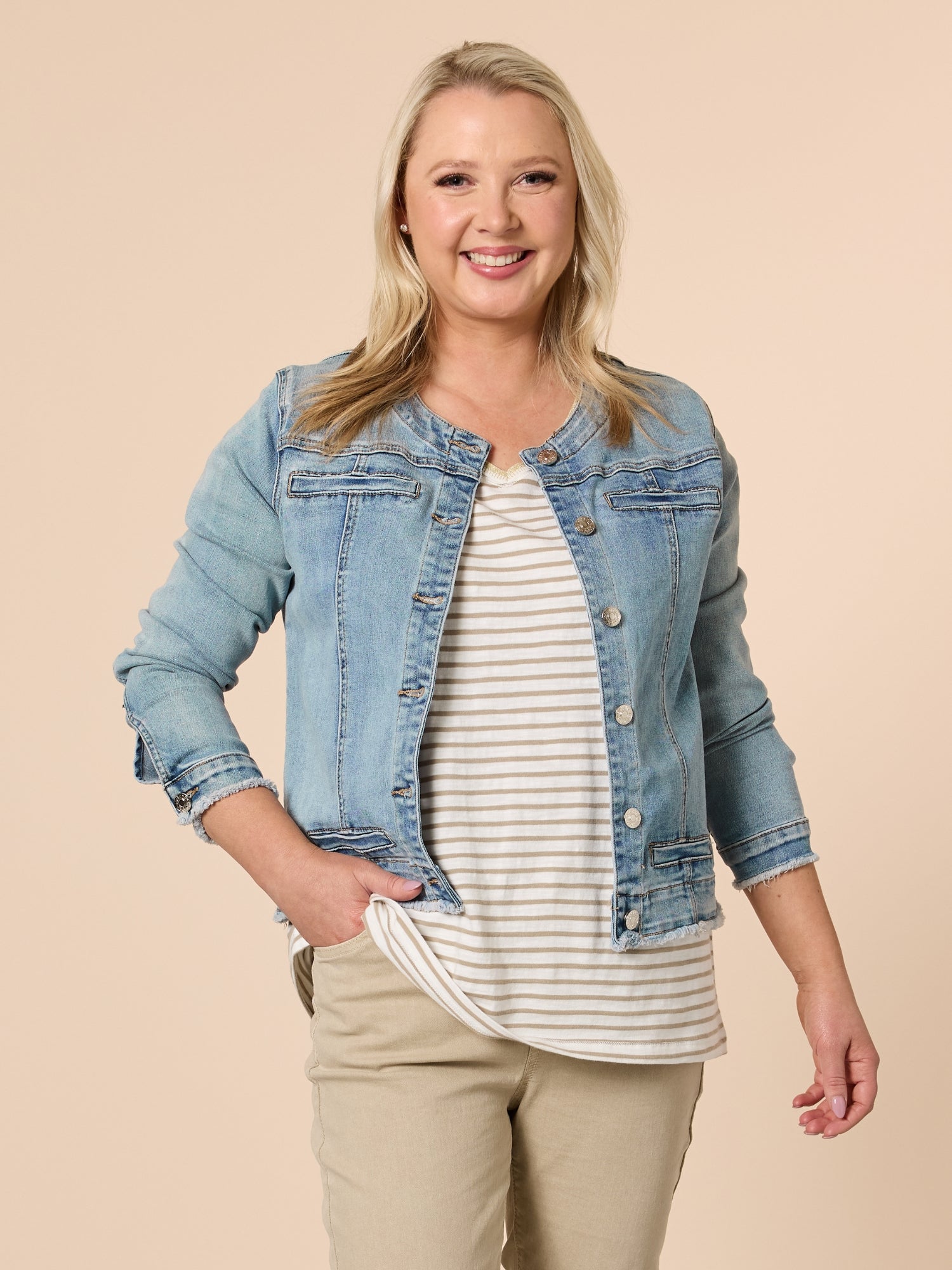 Collarless Denim Jacket - Denim