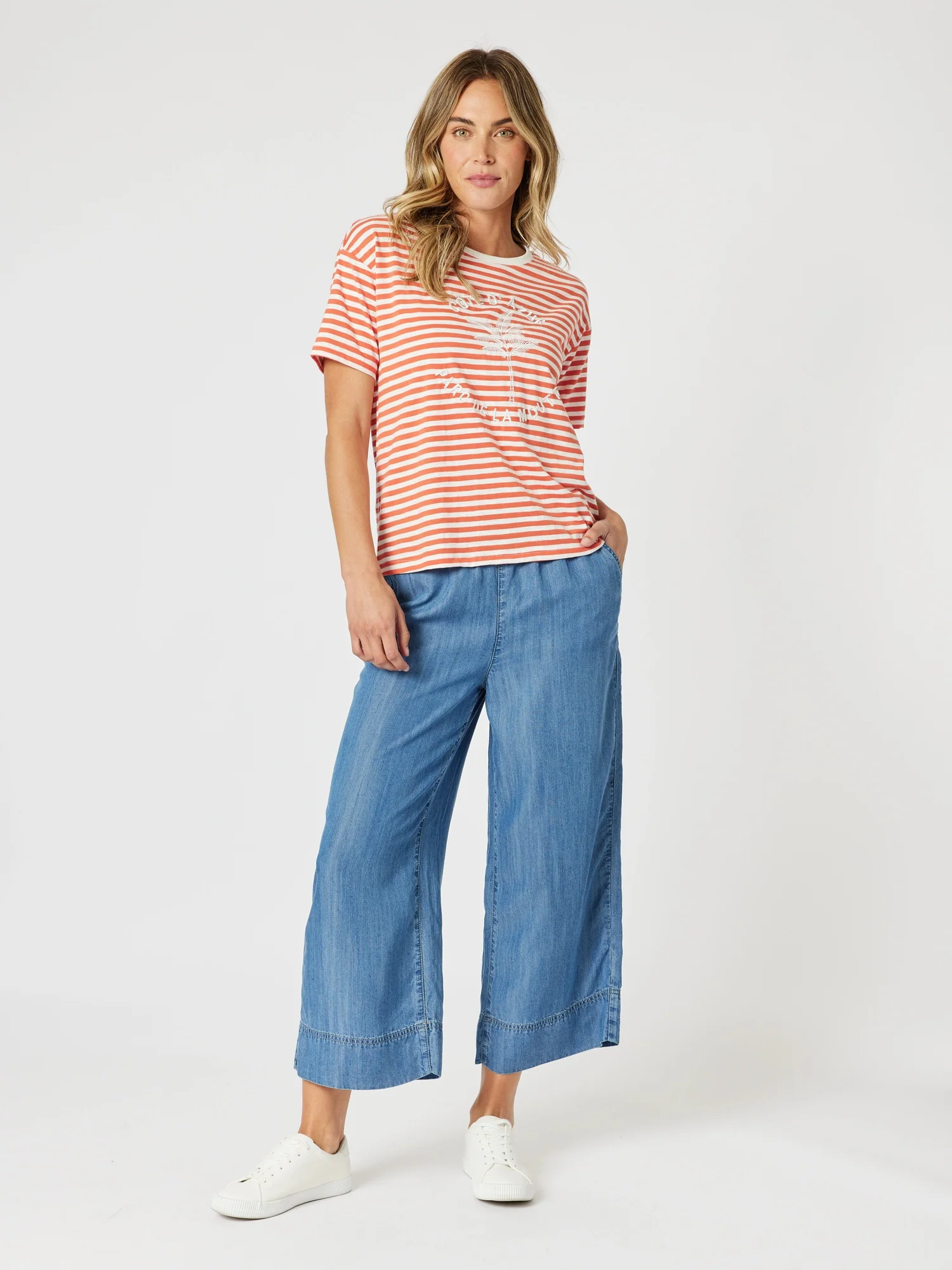 Cote d'Azur Stripe Tee - Papaya White