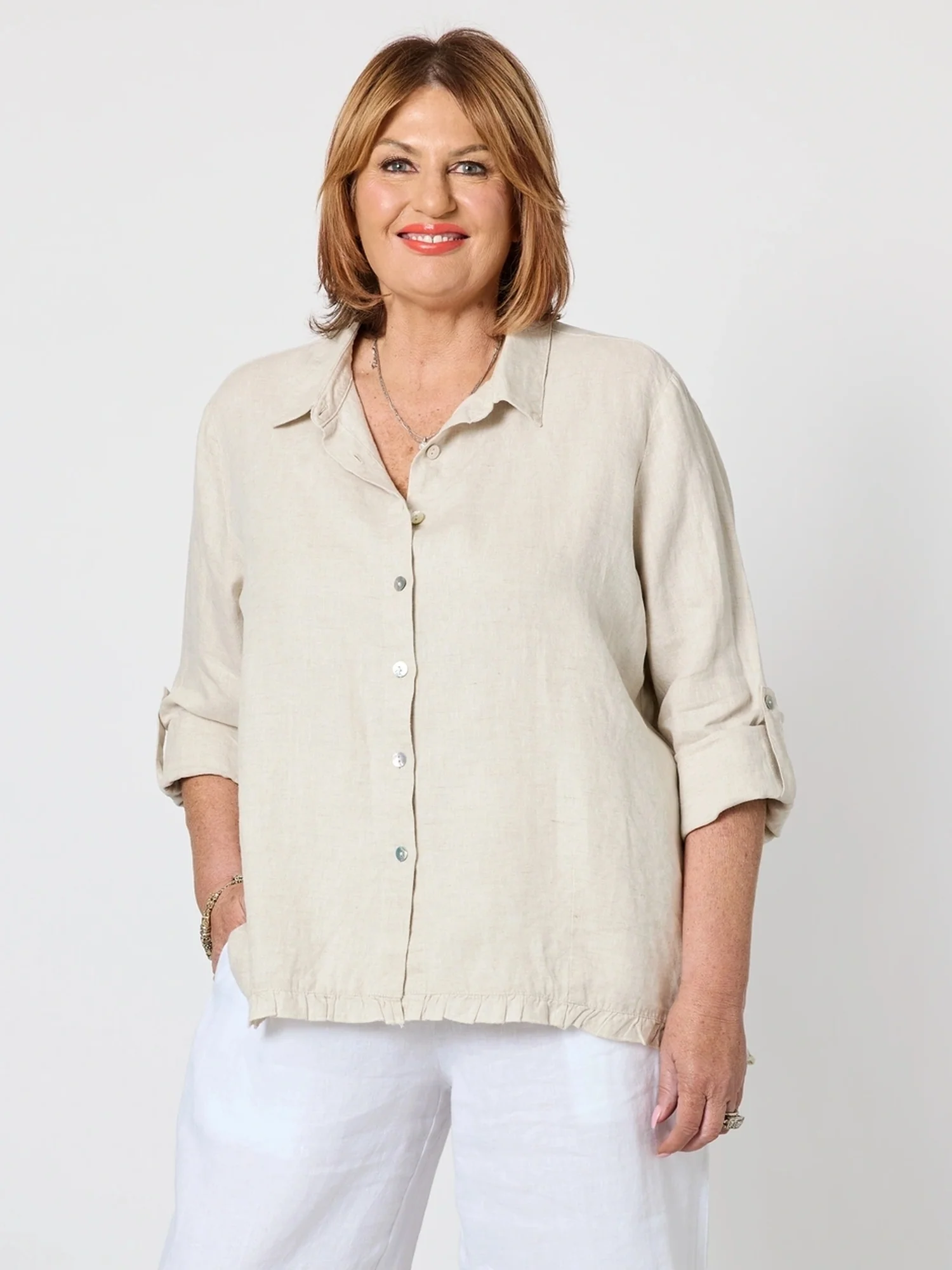 Ruffle Hem Linen Shirt - Natural