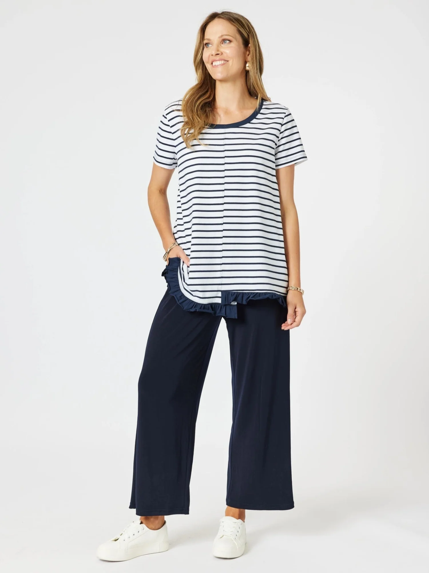 Frill Me Stripe Print Tee - Navy/White