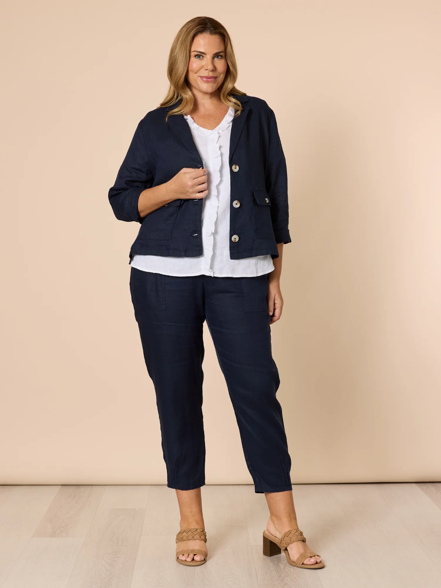 Danielle Linen Cropped Blazer - Navy
