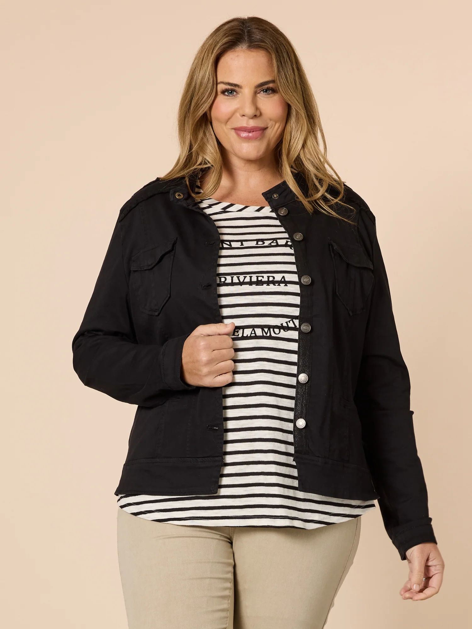 Military Style Denim Jacket - Black